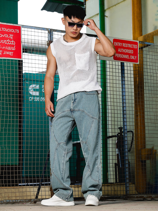 Curved Seam Detail Baggy Jeans – Light Blue Vintage Wash