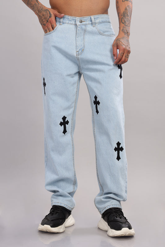 Jesus Cross Embroidery Design Light Blue Baggy Fit Jeans