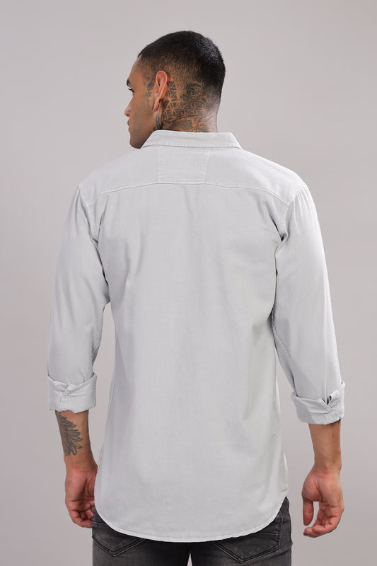 Light Grey Cotton Shirt | Dual Pocket | Regular Fit