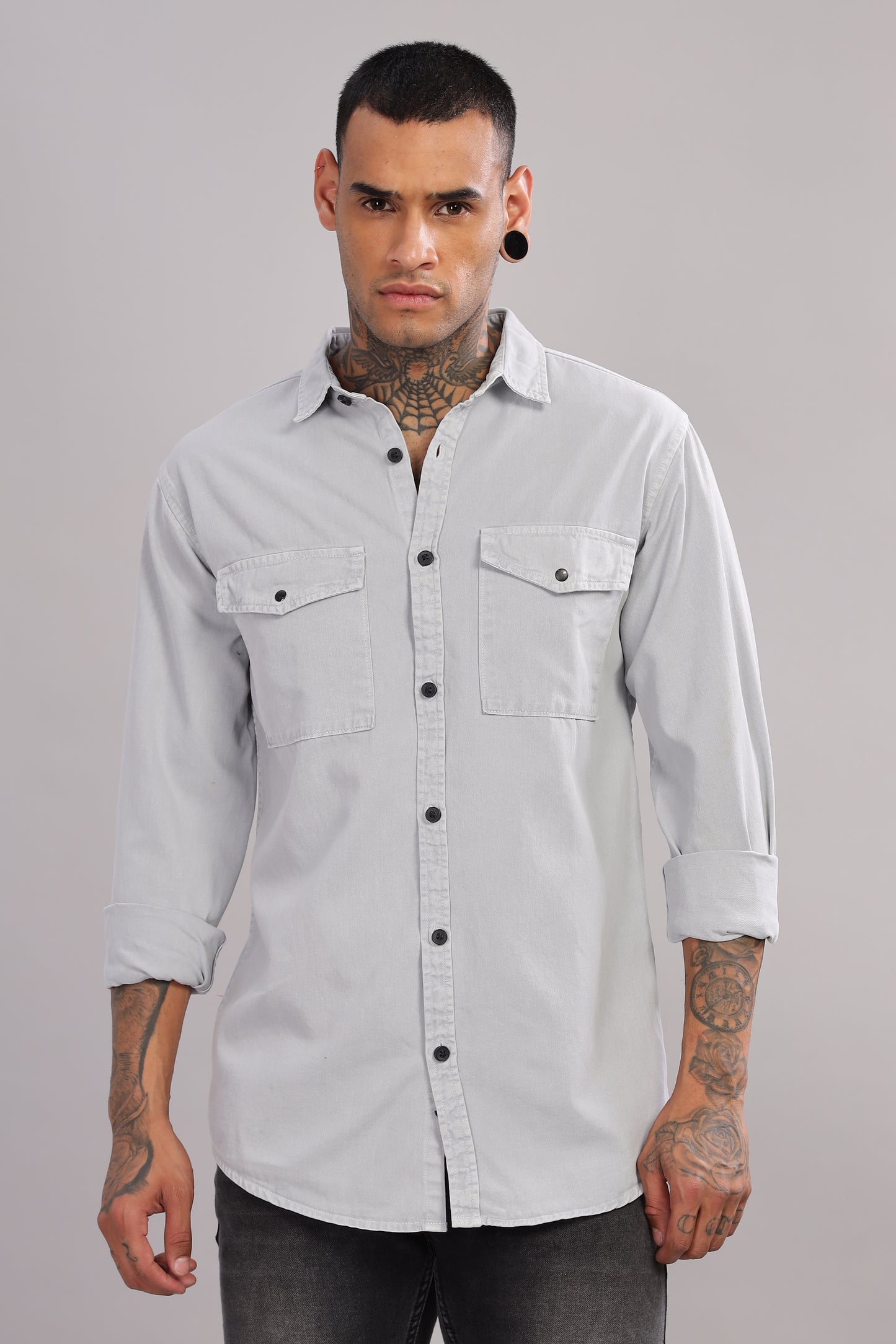 Light Grey Cotton Shirt | Dual Pocket | Regular Fit