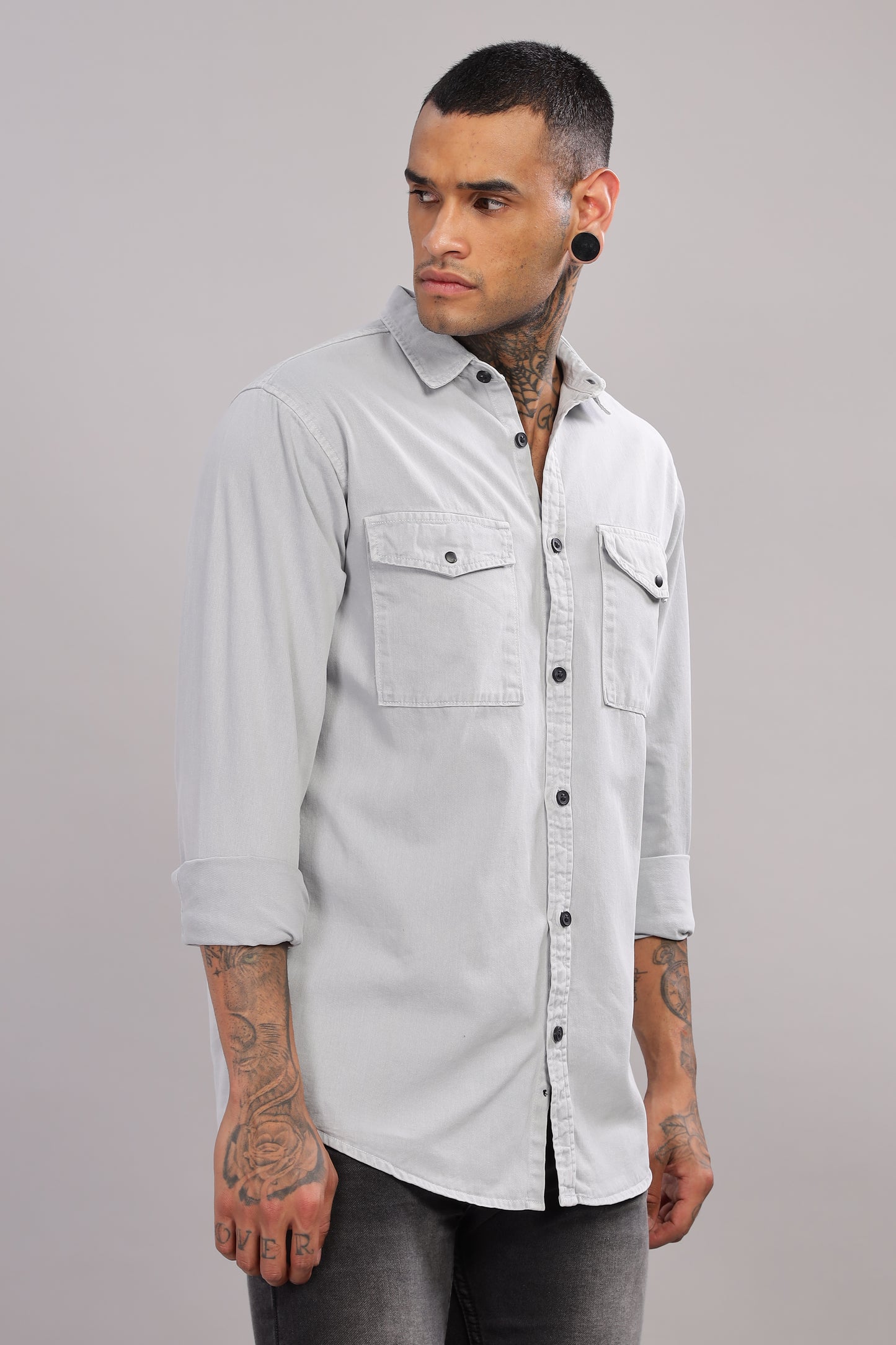 Light Grey Cotton Shirt | Dual Pocket | Regular Fit