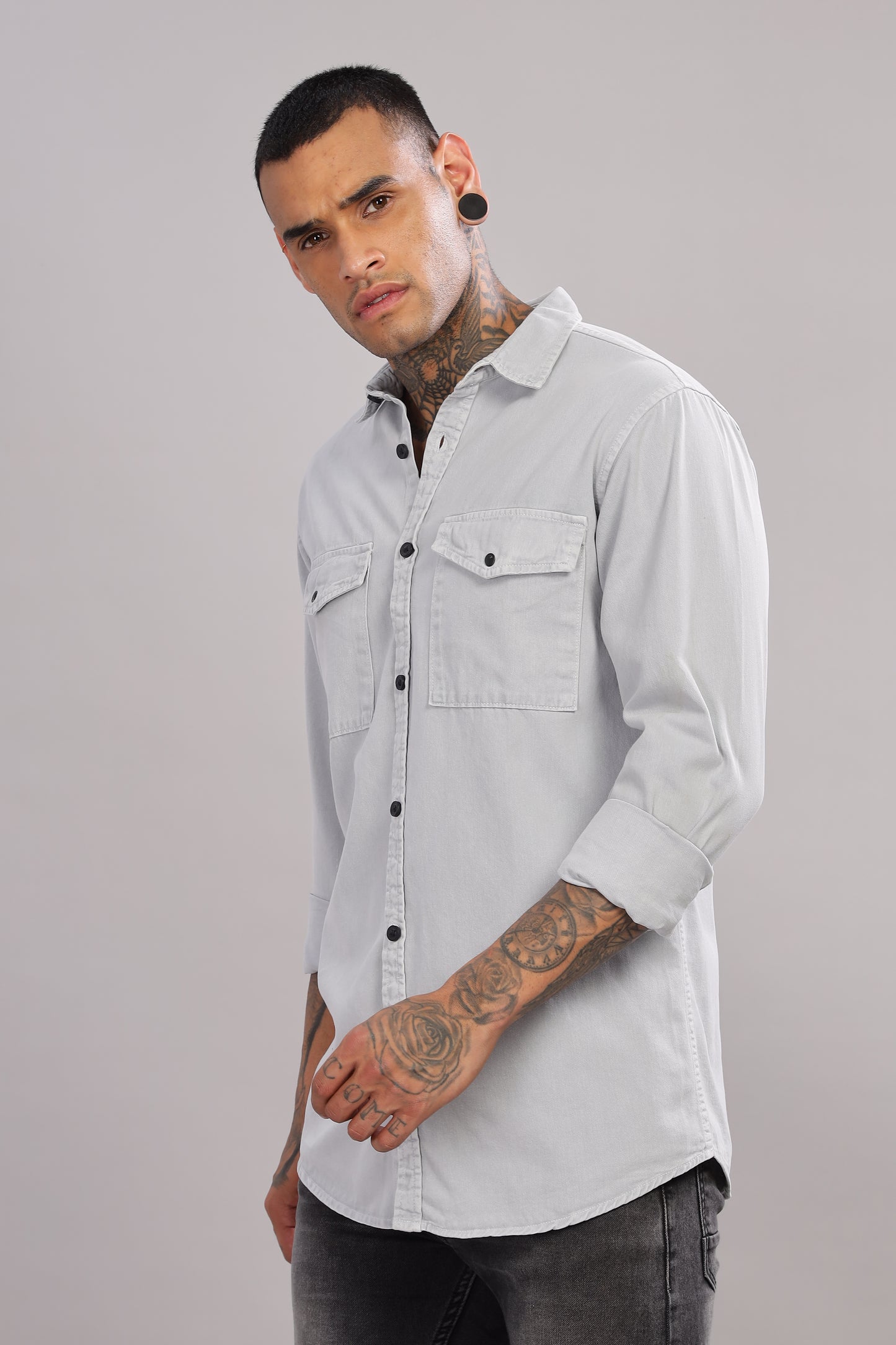 Light Grey Cotton Shirt | Dual Pocket | Regular Fit