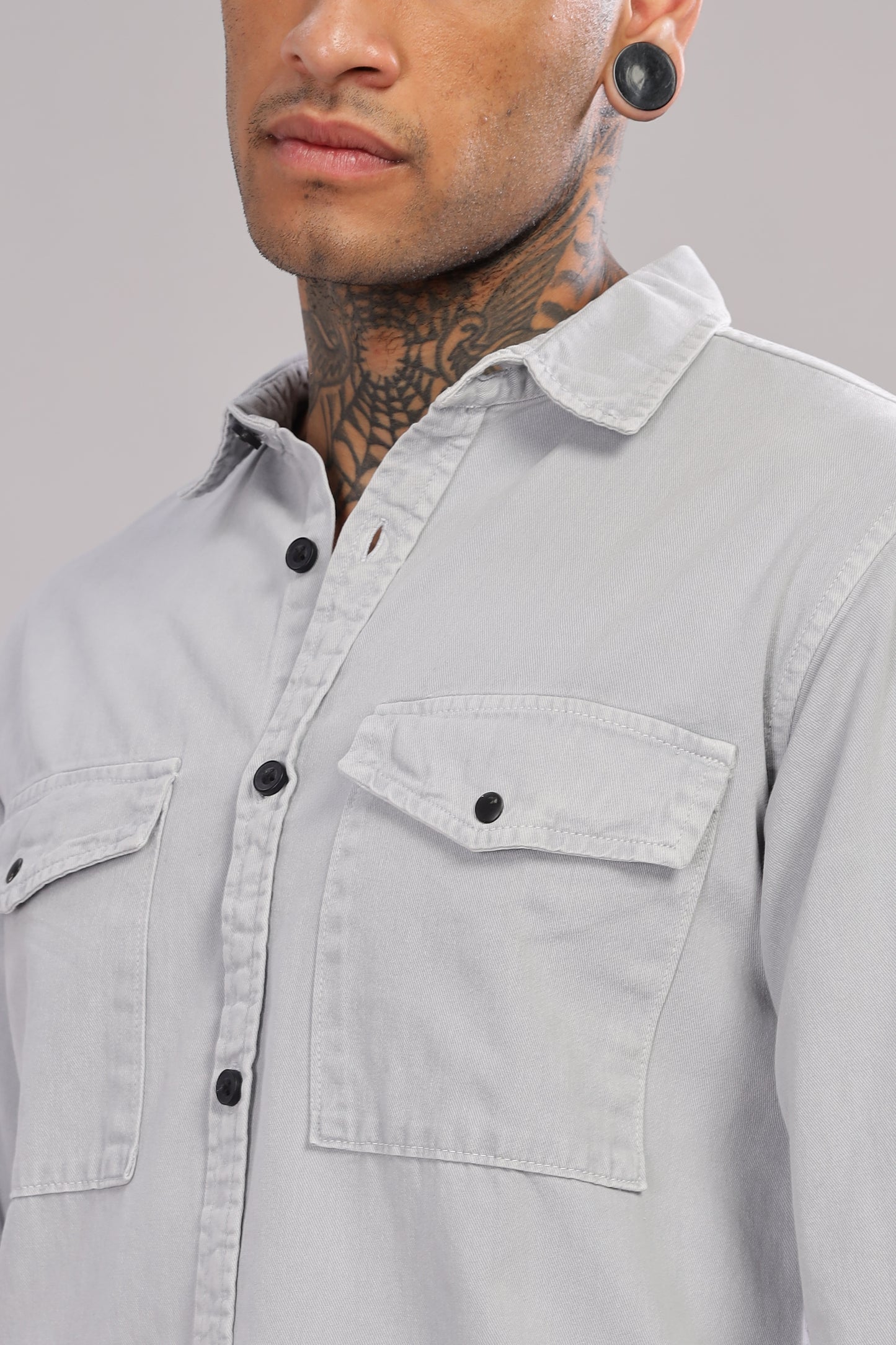 Light Grey Cotton Shirt | Dual Pocket | Regular Fit