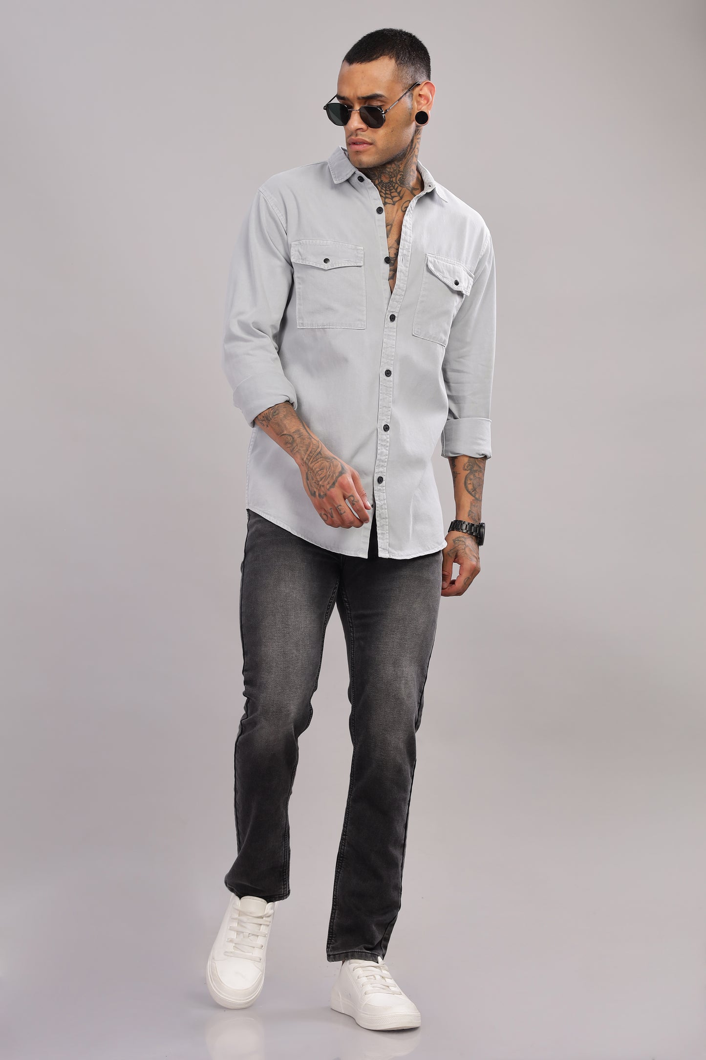 Light Grey Cotton Shirt | Dual Pocket | Regular Fit