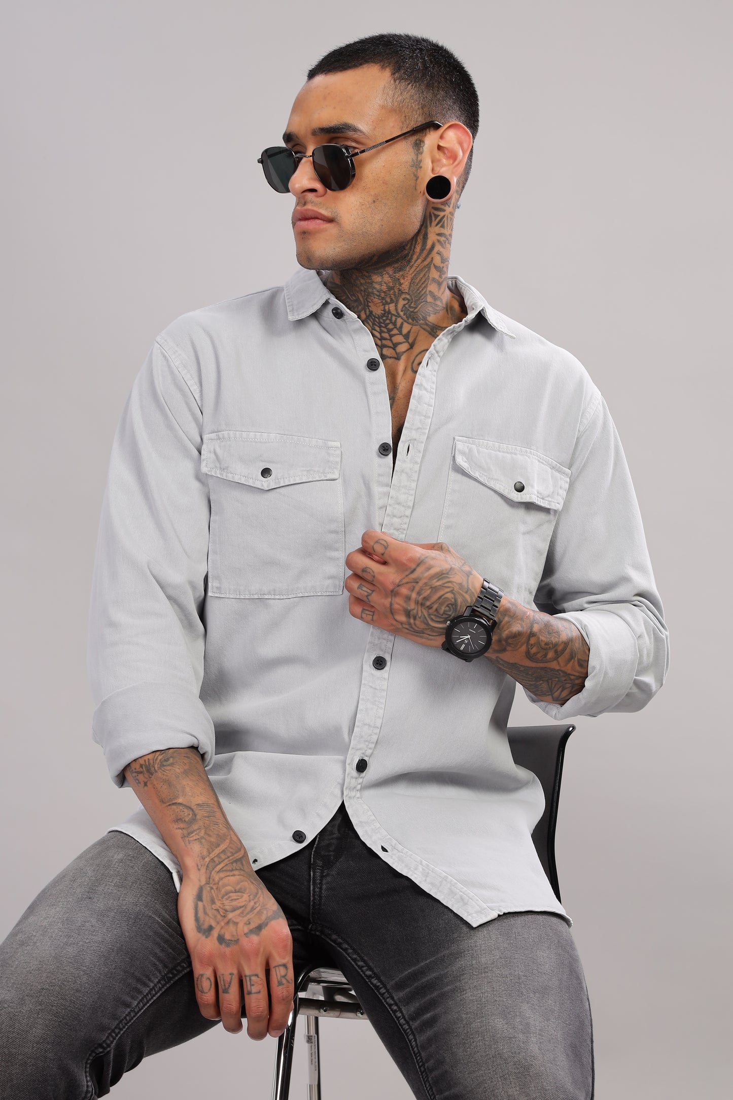 Light Grey Cotton Shirt | Dual Pocket | Regular Fit