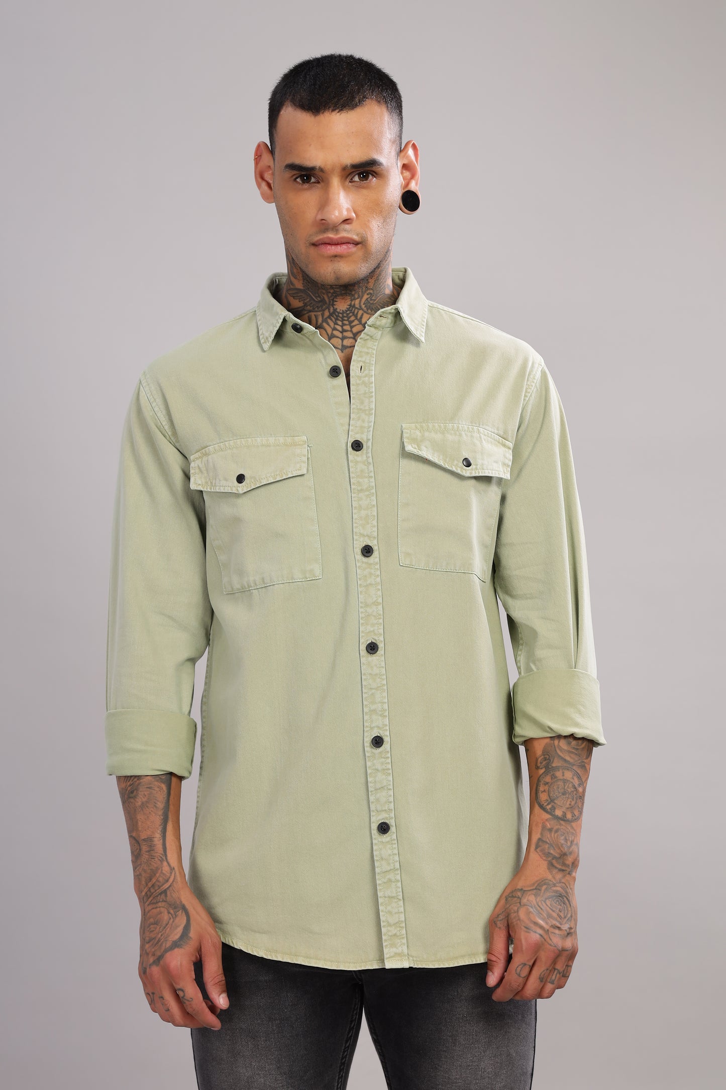 Green Cotton Shirt – Full Sleeve with Dual Chest Pockets