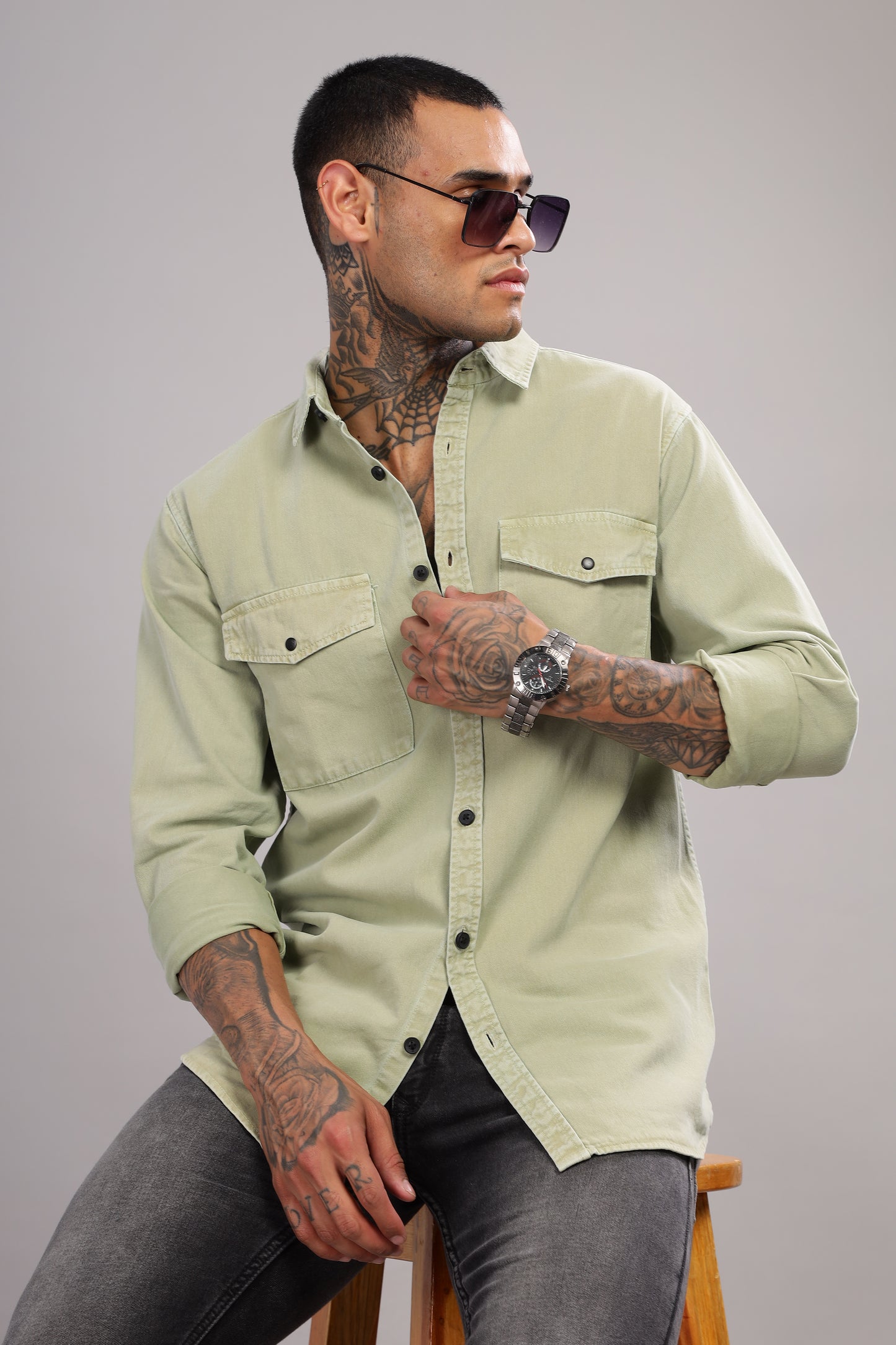 Green Cotton Shirt – Full Sleeve with Dual Chest Pockets