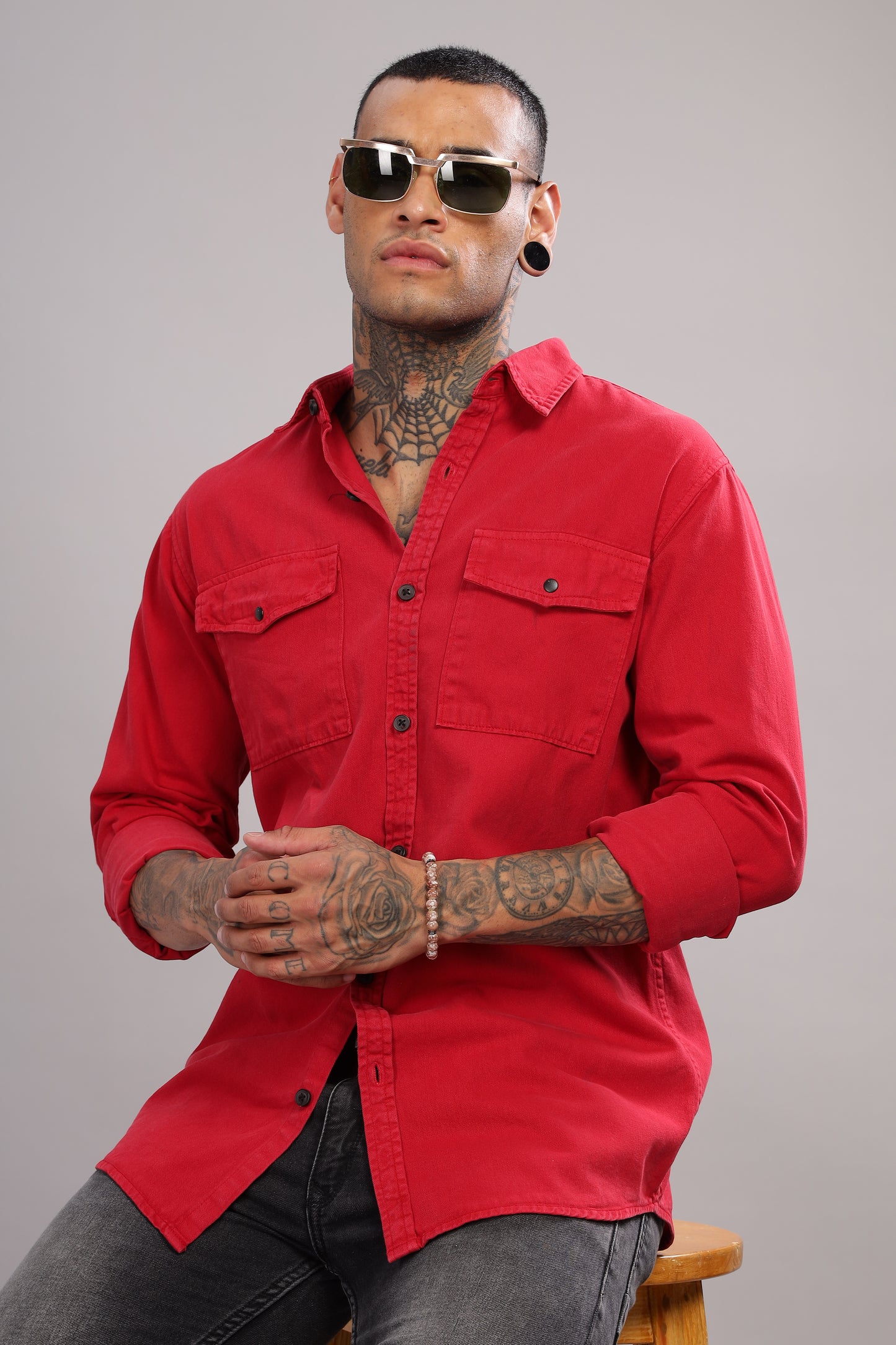 Red Cotton Shirt | Dual Pocket | Regular Fit