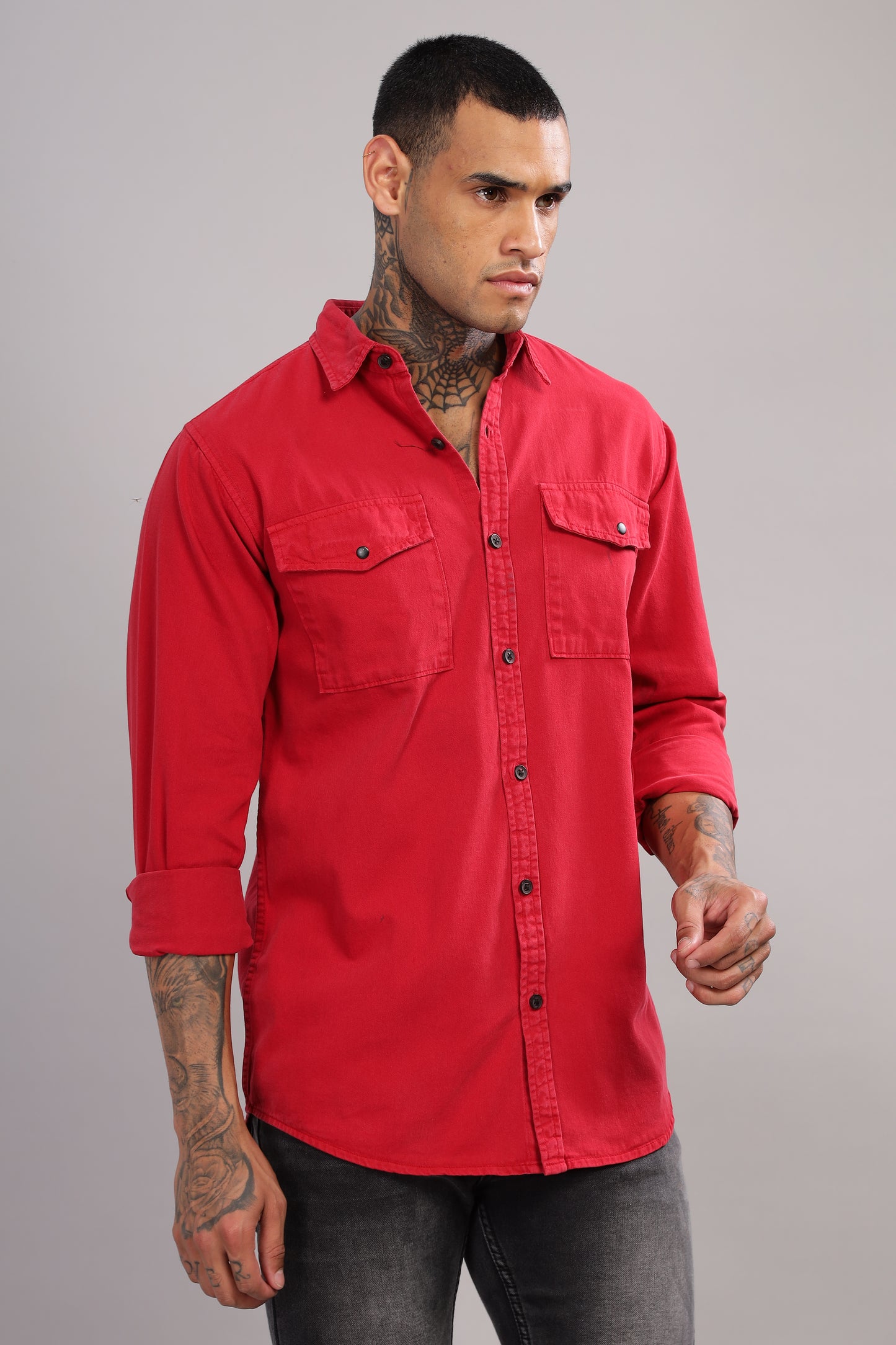 Red Cotton Shirt | Dual Pocket | Regular Fit