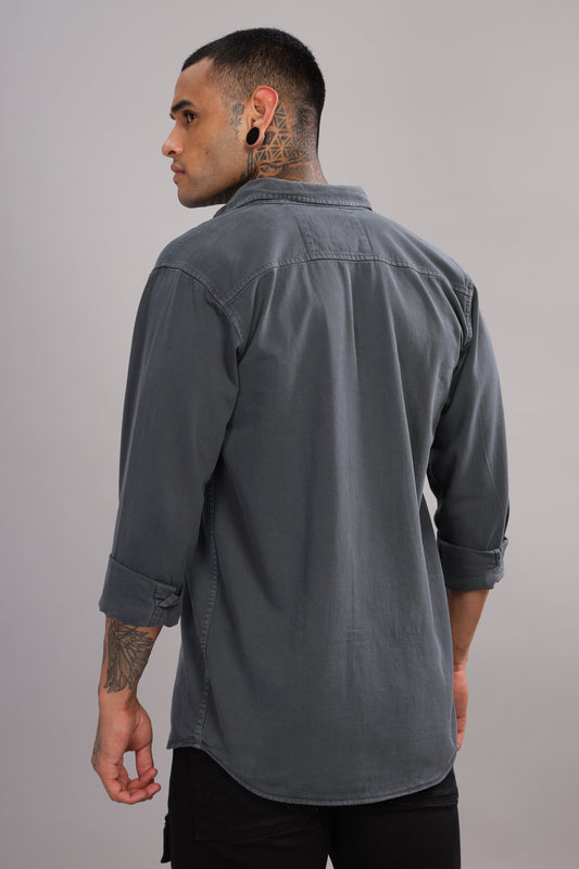 Charcoal Grey Cotton Shirt | Dual Pocket | Regular Fit