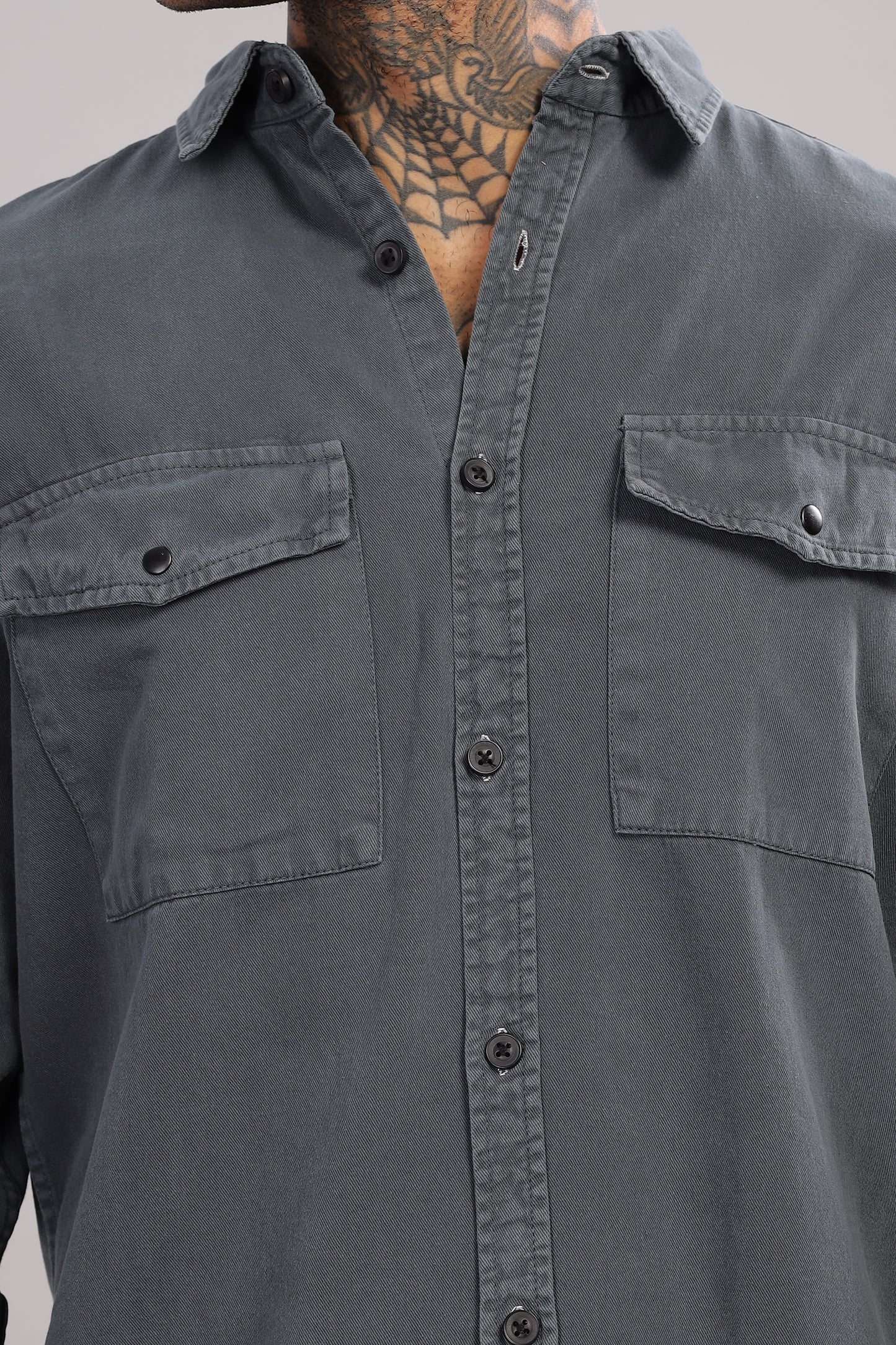 Charcoal Grey Cotton Shirt | Dual Pocket | Regular Fit