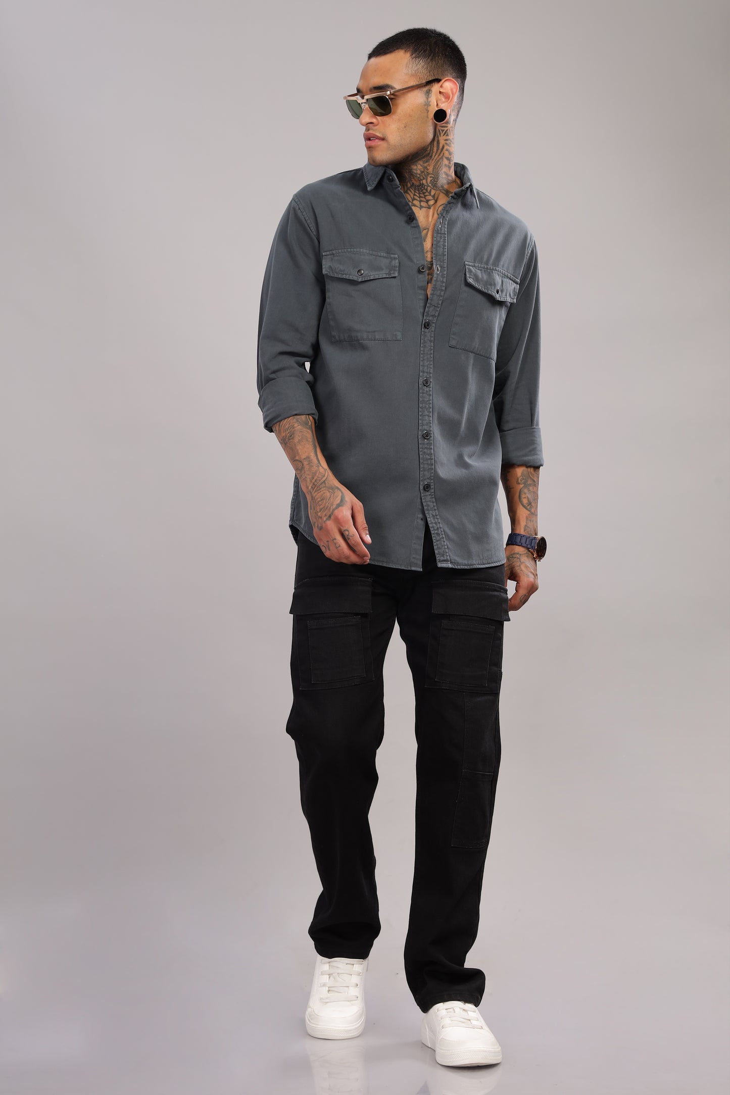 Charcoal Grey Cotton Shirt | Dual Pocket | Regular Fit