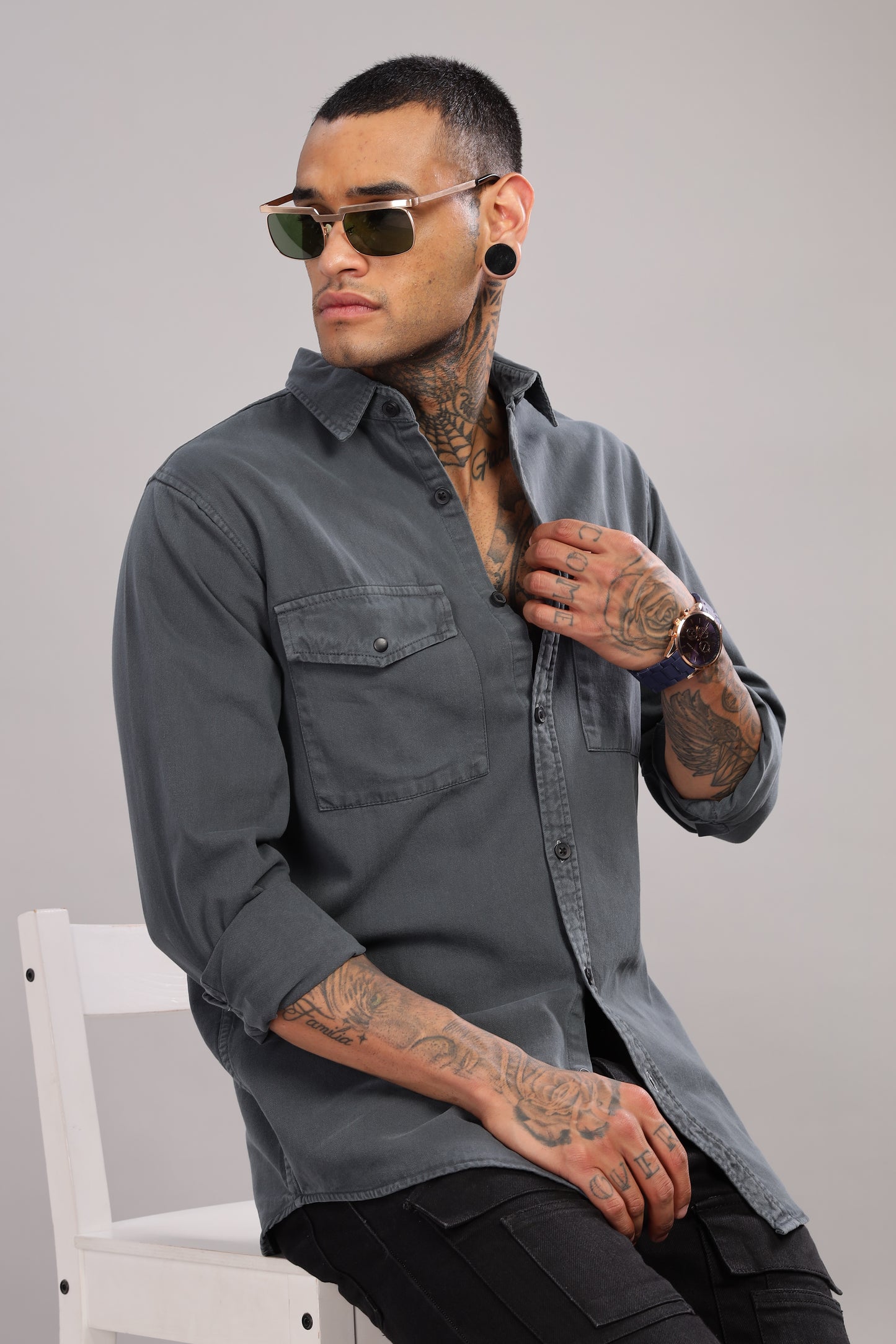 Charcoal Grey Cotton Shirt | Dual Pocket | Regular Fit