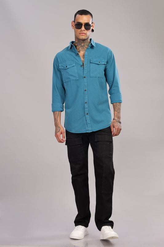 Teal Blue Cotton Shirt | Dual Pocket | Regular Fit