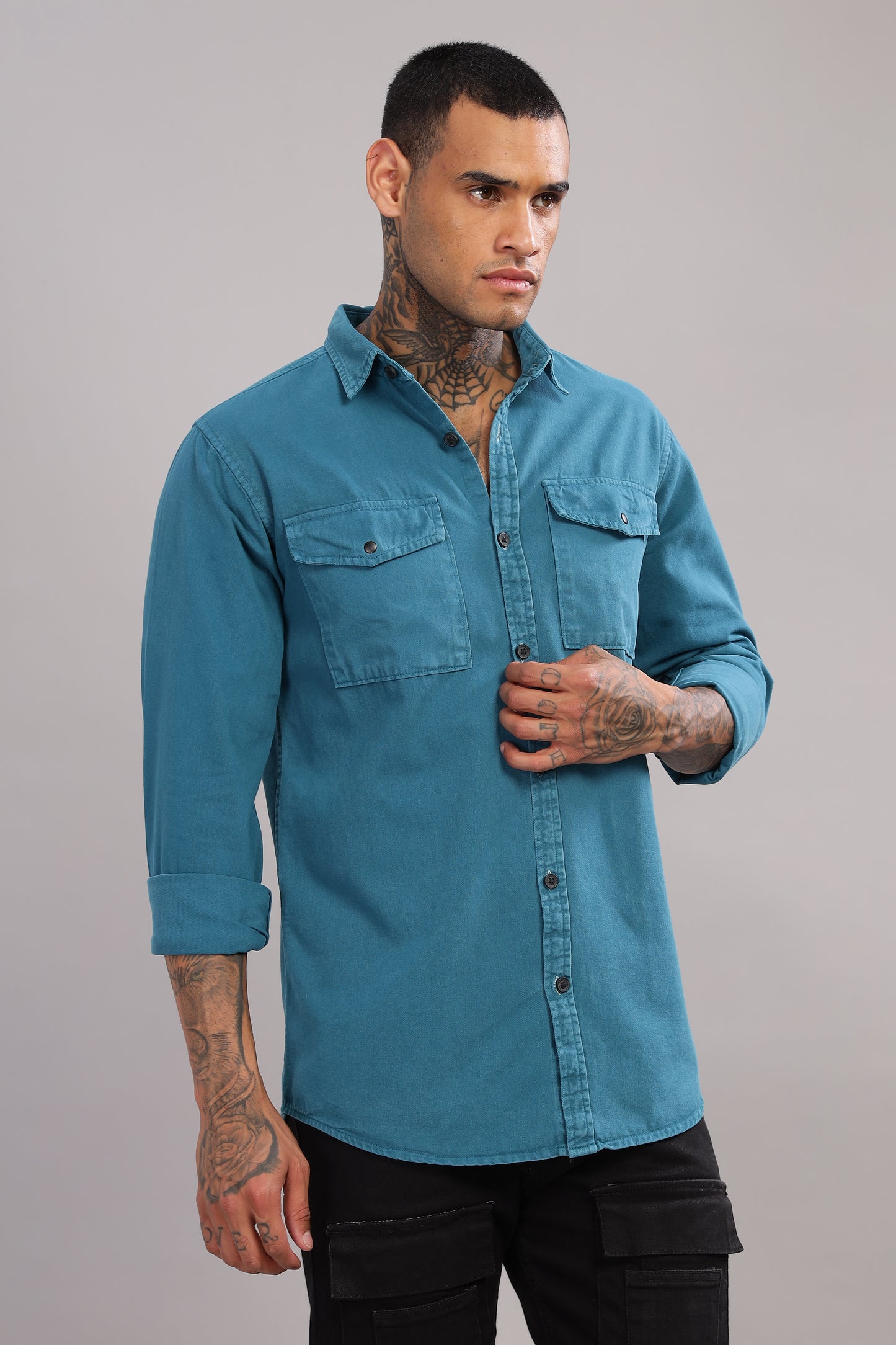 Teal Blue Cotton Shirt | Dual Pocket | Regular Fit