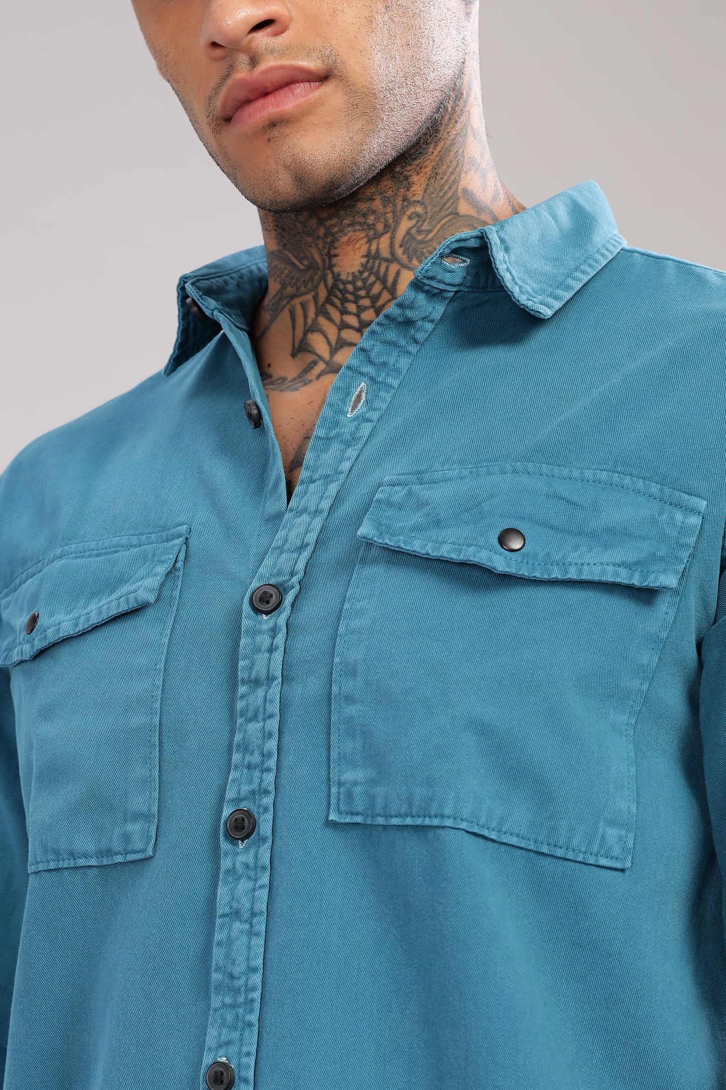 Teal Blue Cotton Shirt | Dual Pocket | Regular Fit