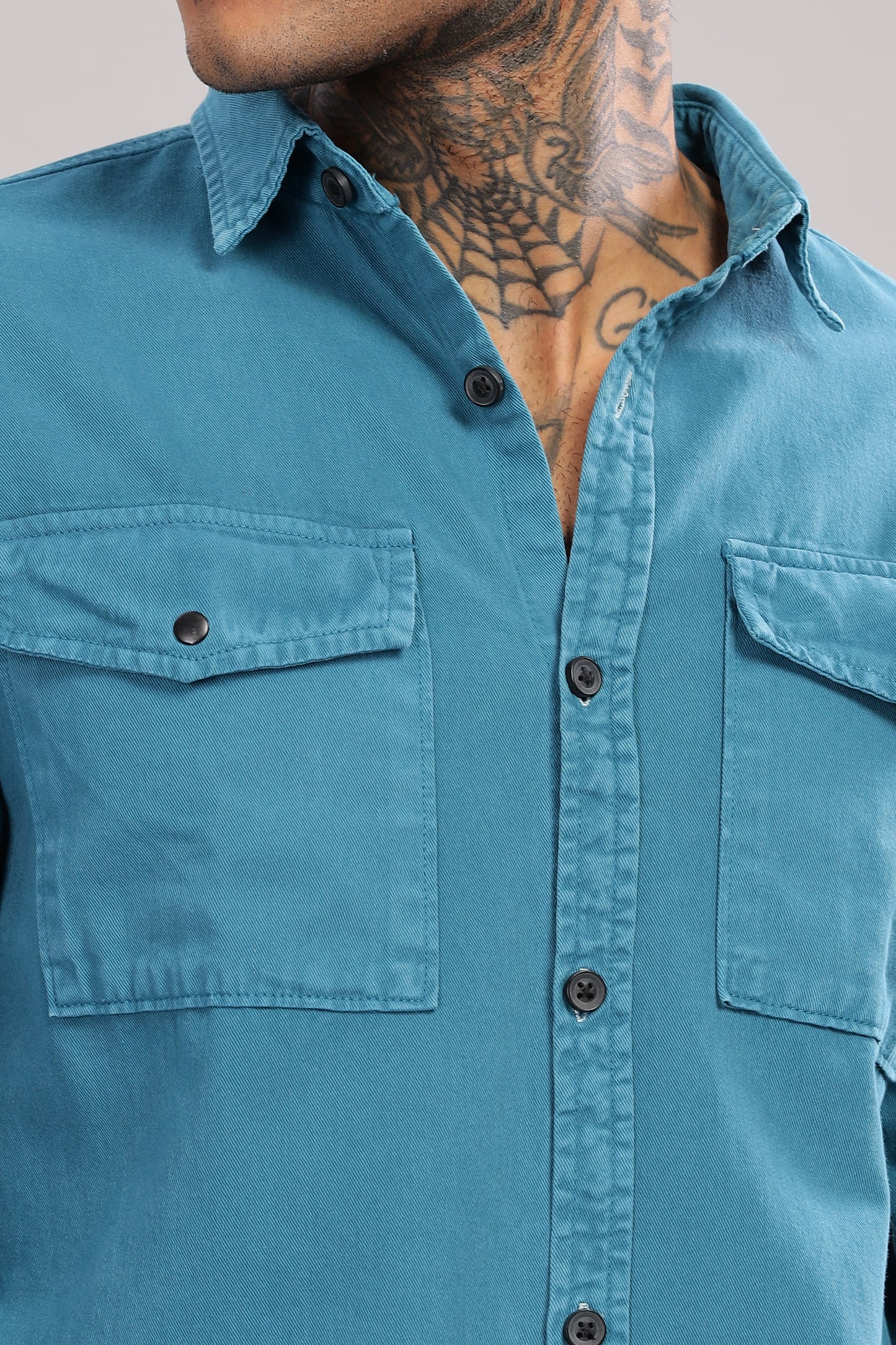 Teal Blue Cotton Shirt | Dual Pocket | Regular Fit