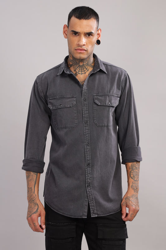 Casual Button Down Shirt with Back side Printed | Dark Grey