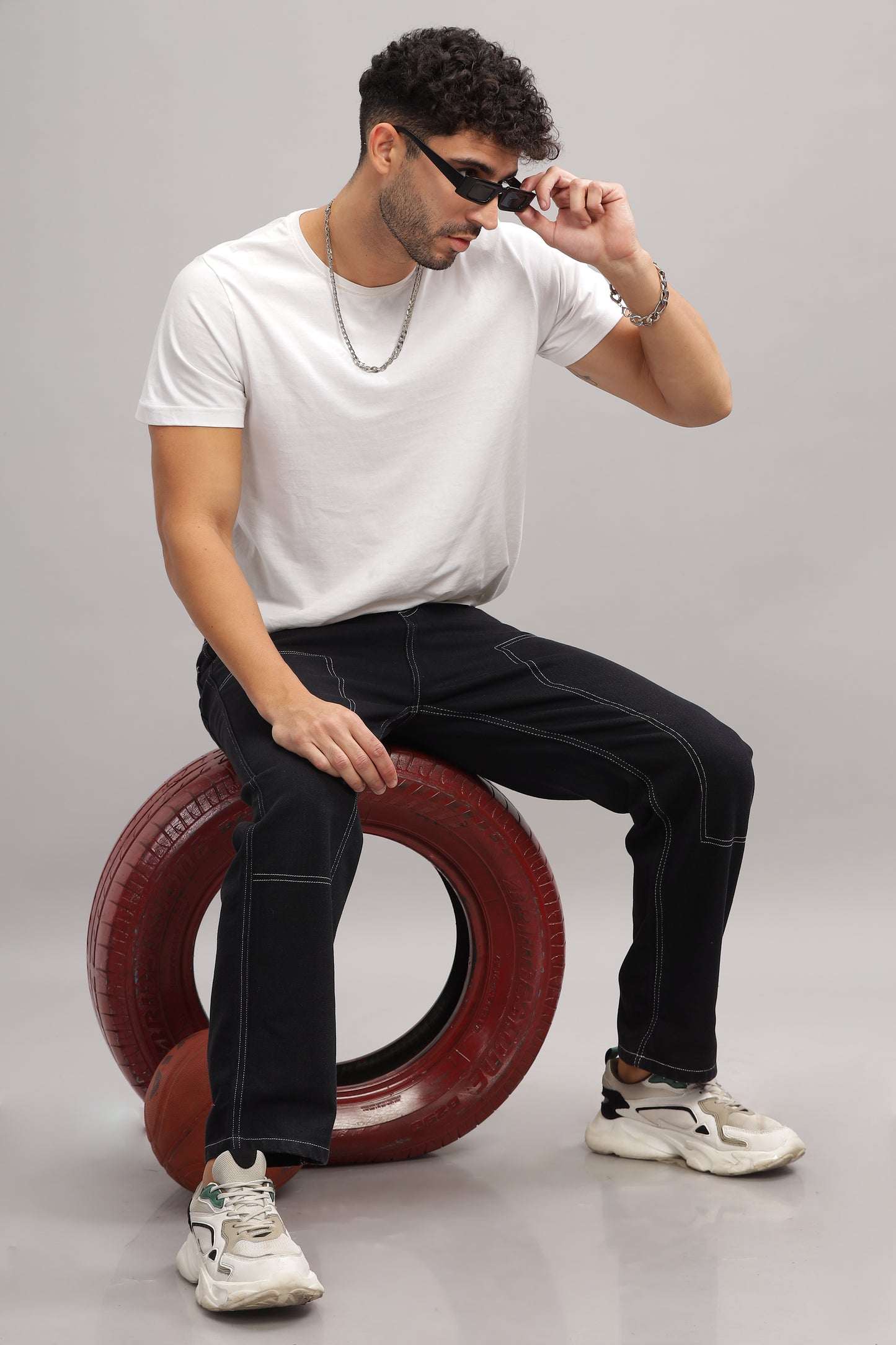 Black Contrast Stitch Baggy Panelled Jeans