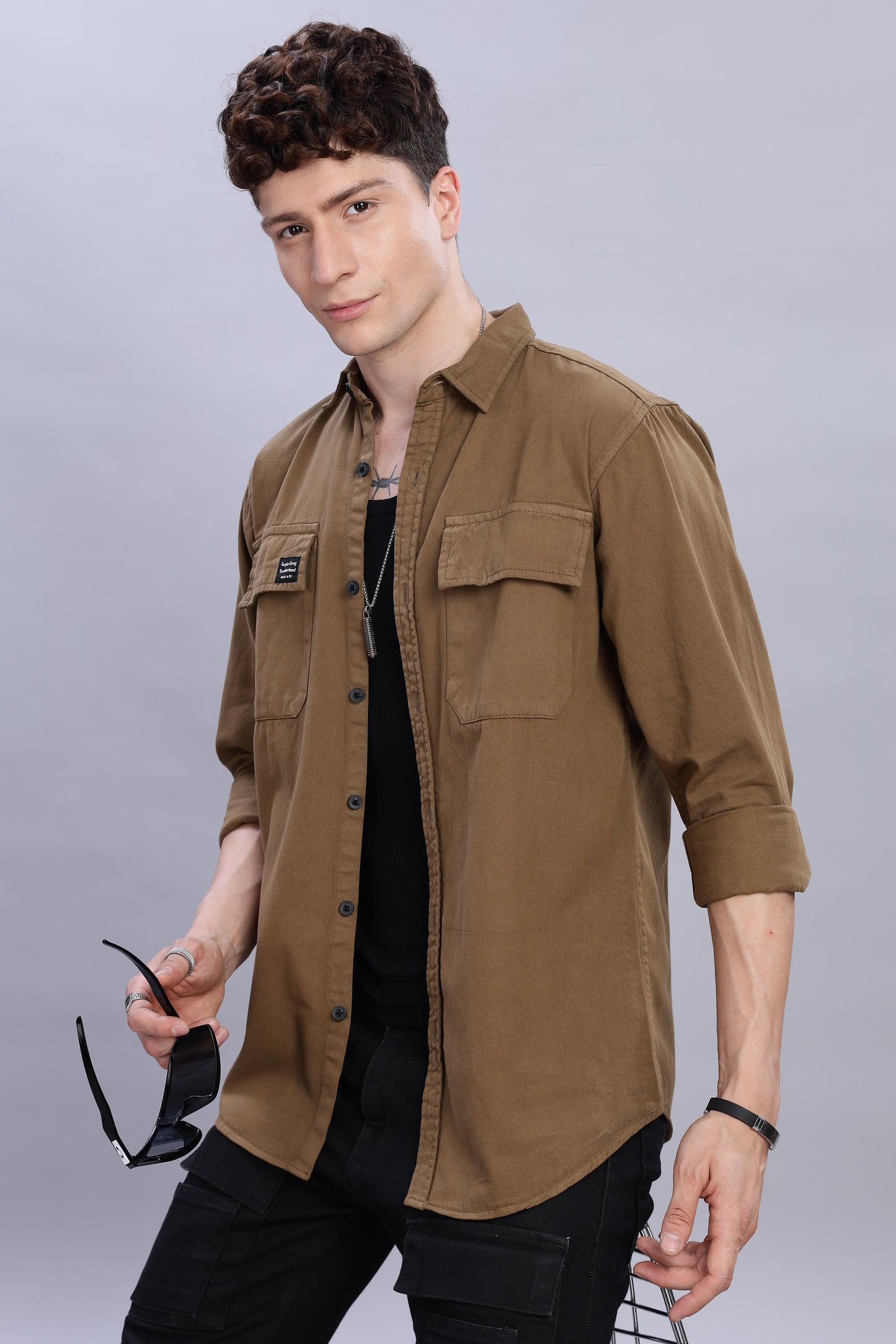 Brown Cotton Shirt | Dual Pocket | Regular Fit