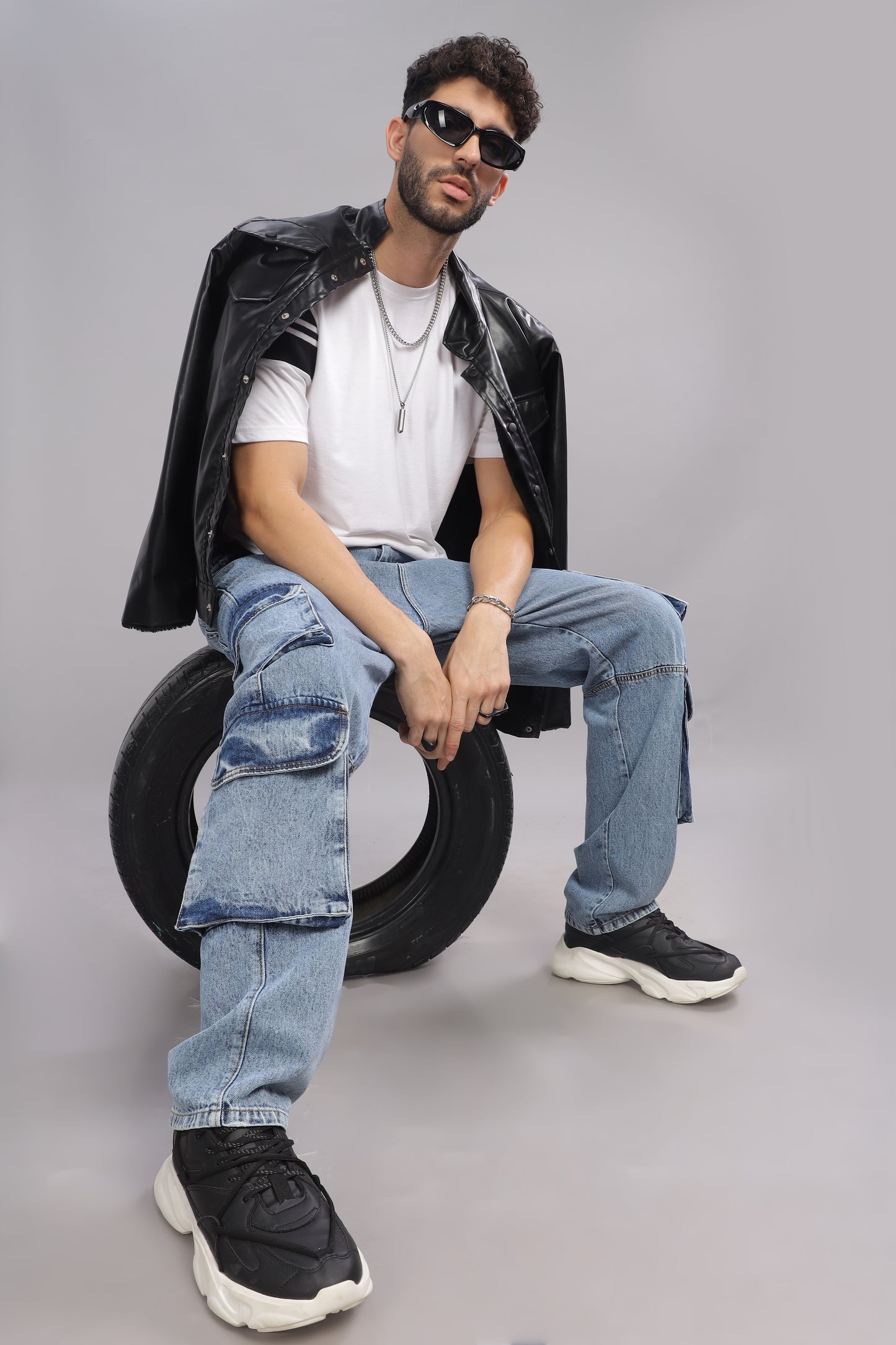 8 Pocket Cargo / Utility Jeans- Mid Blue