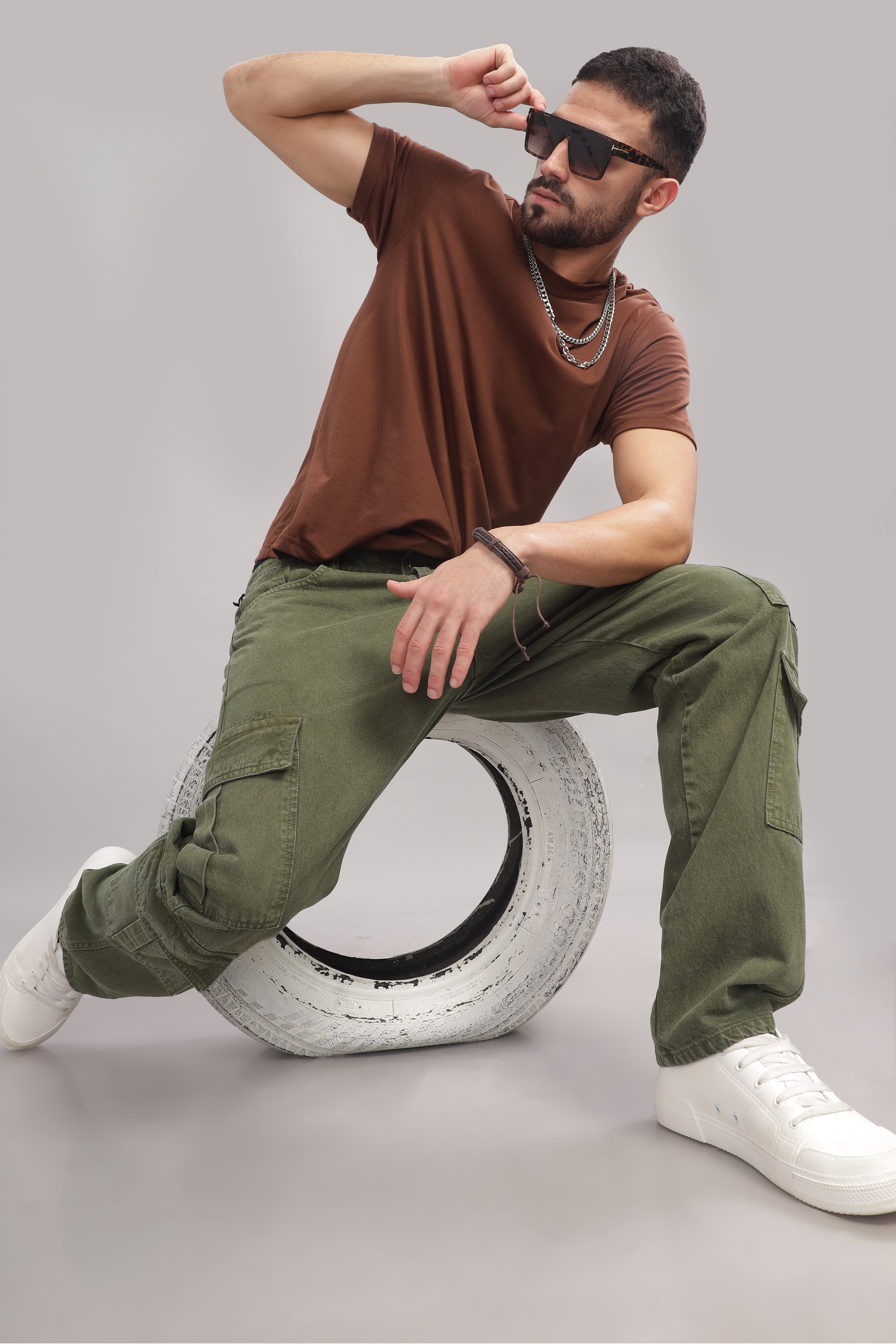 tough jeans ミリタリーオリーブ系色ウエストポーチ・HAYASHIGO Olive Baggy fit 8 Pocket Streetwear Pure Cotton Cargo Trousers