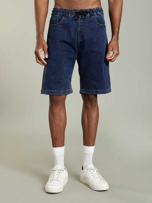 Elastic Waist Denim Shorts – Mid Wash Blue