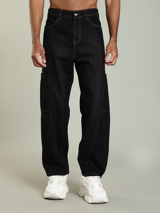 Black Baggy Fit Seam-Detail Jeans