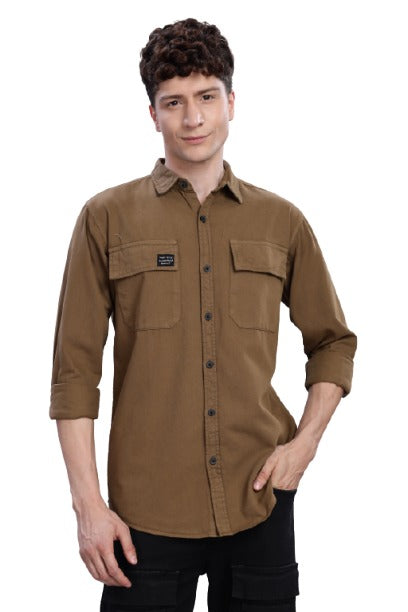 Brown Cotton Shirt | Dual Pocket | Regular Fit
