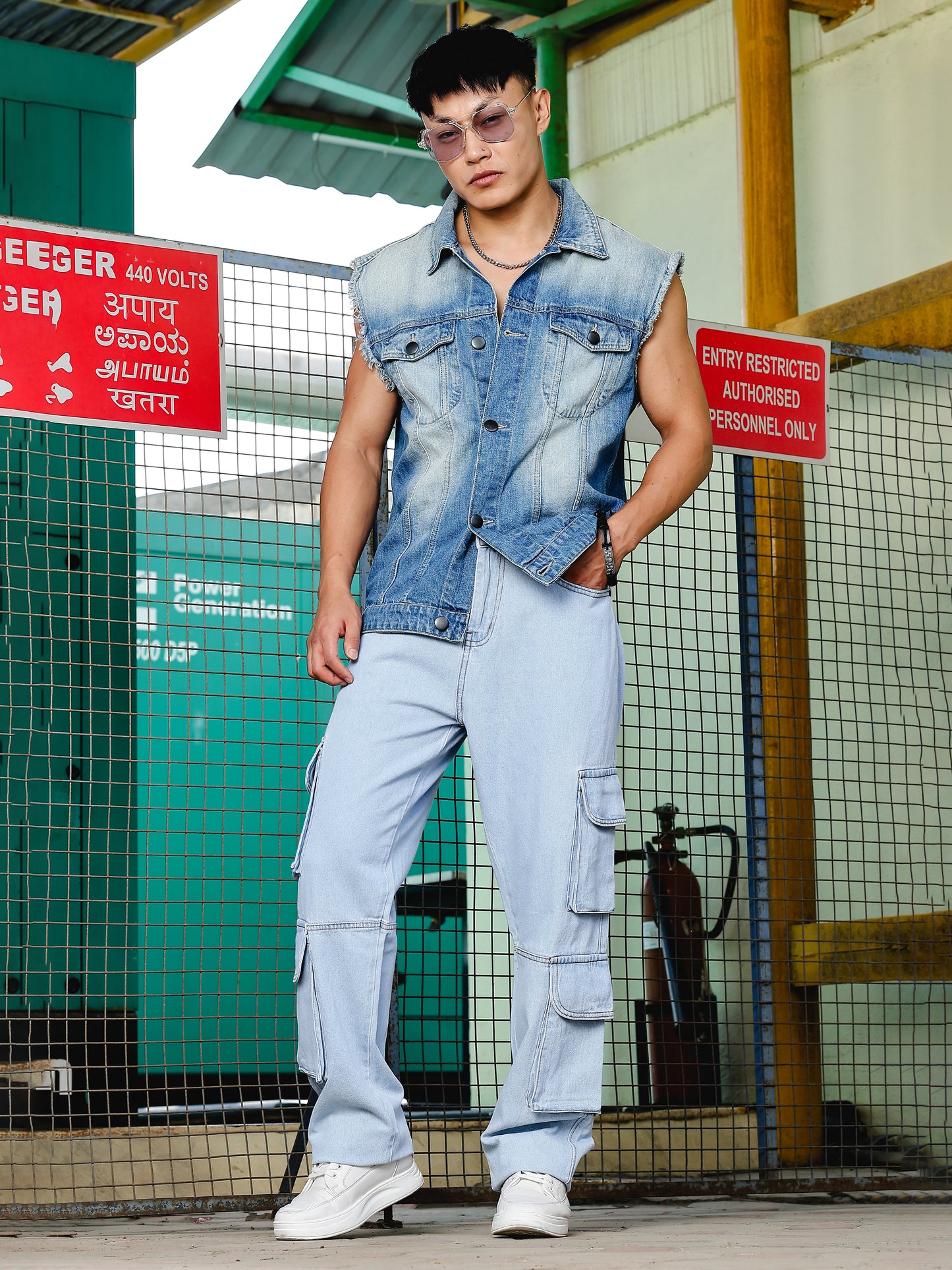 8 Pocket Cargo / Utility Jeans- Light Blue