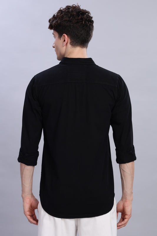 Solid Black Cotton Shirt | Dual Pocket | Regular Fit
