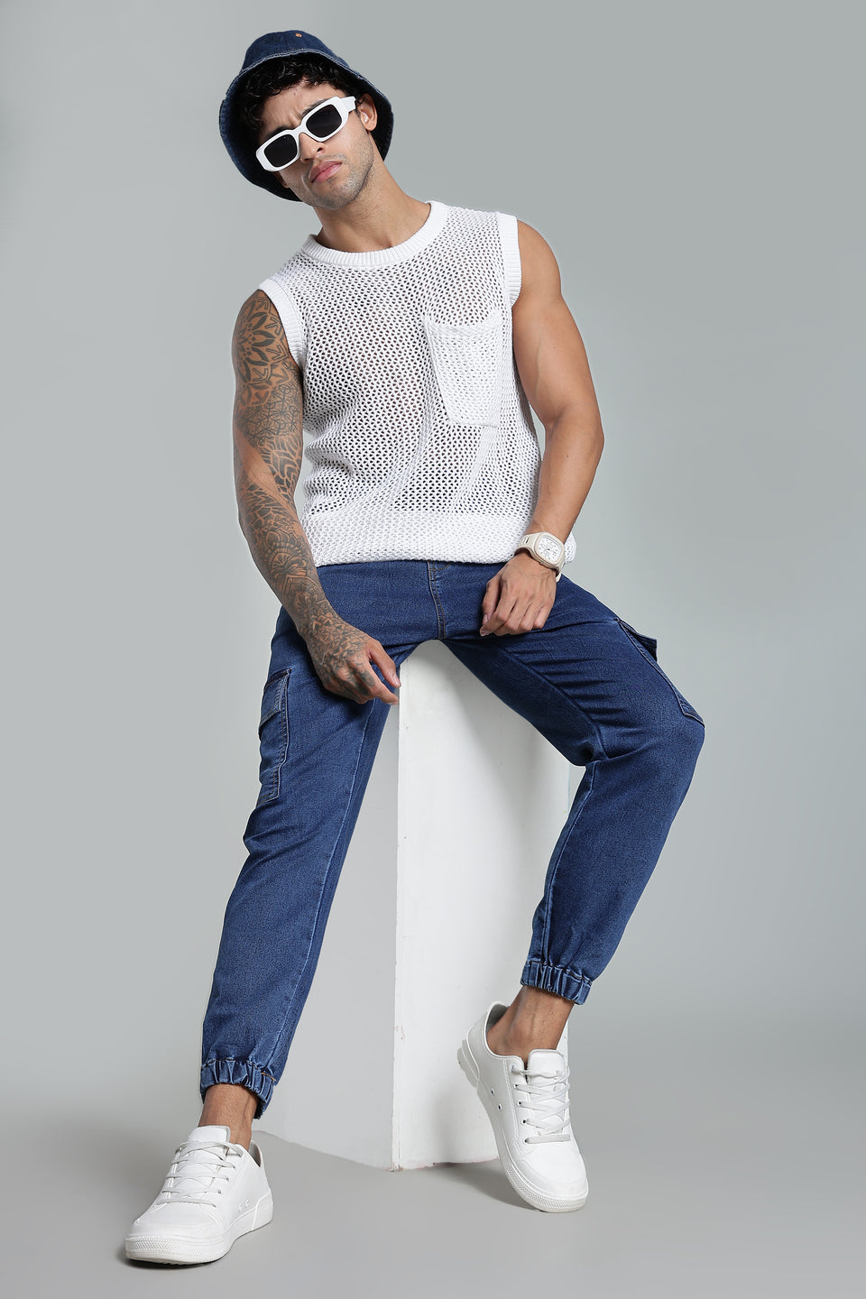 Men's Blue Denim Cargo Joggers - 6 Pocket Utility Fit