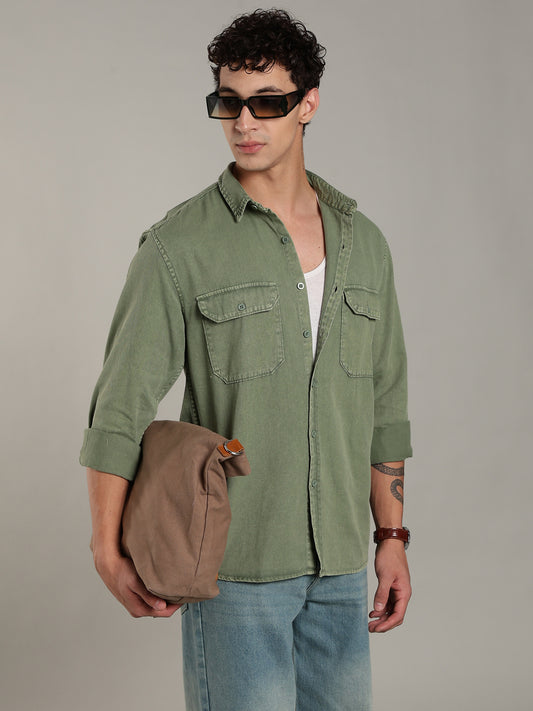 Double Flap Pocket Shirt- Relax/Baggy Fit - Green