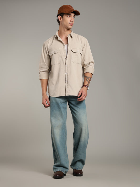 Double Flap Pocket Shirt- Relax/Baggy Fit - Beige