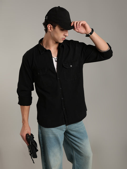 Double Flap Pocket Shirt- Relax/Baggy Fit - BLACK