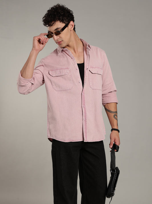 Double Flap Pocket Shirt- Relax/Baggy Fit - Pink