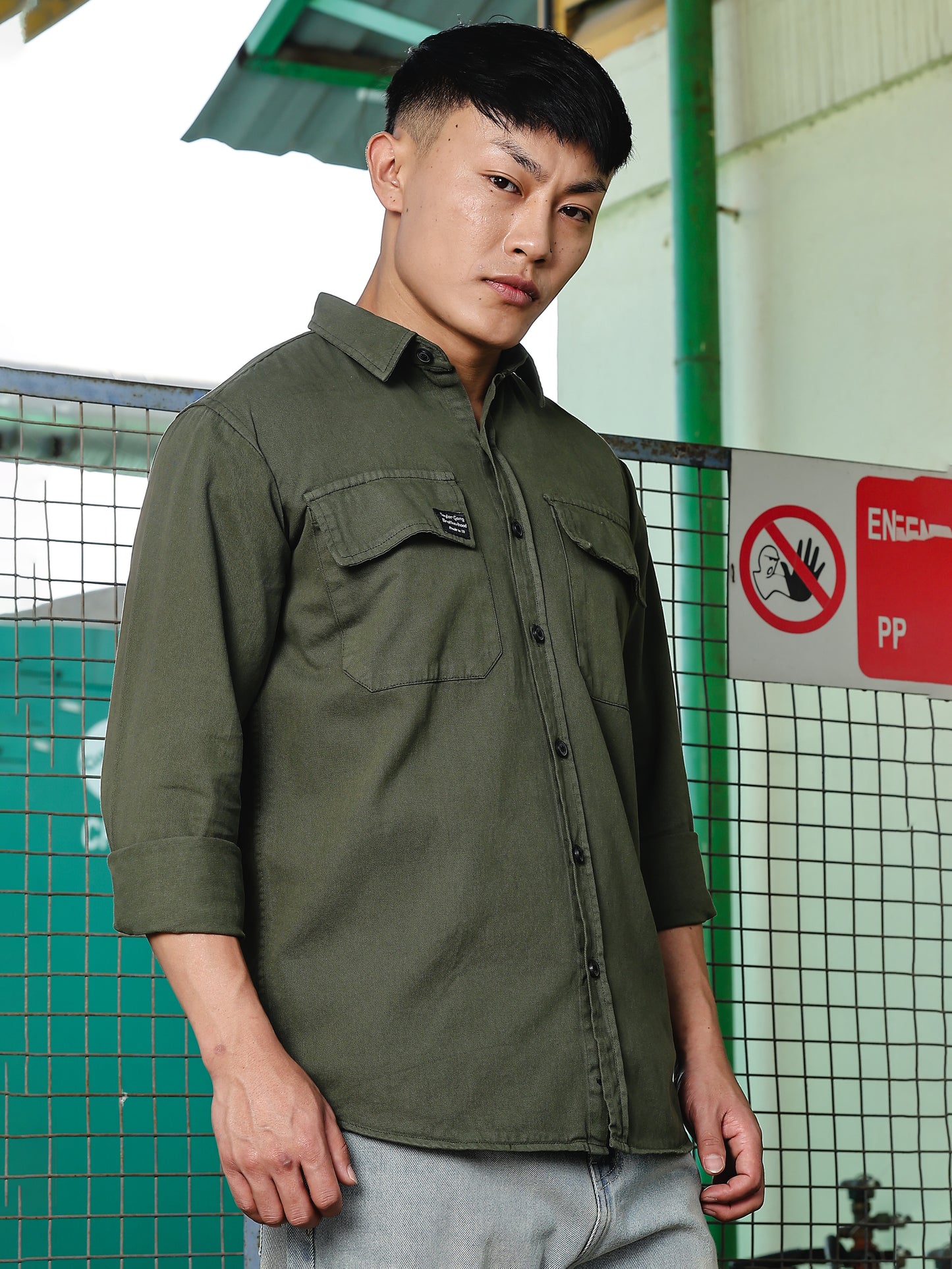 Solid Green Cotton Shirt | Dual Pocket | Regular Fit