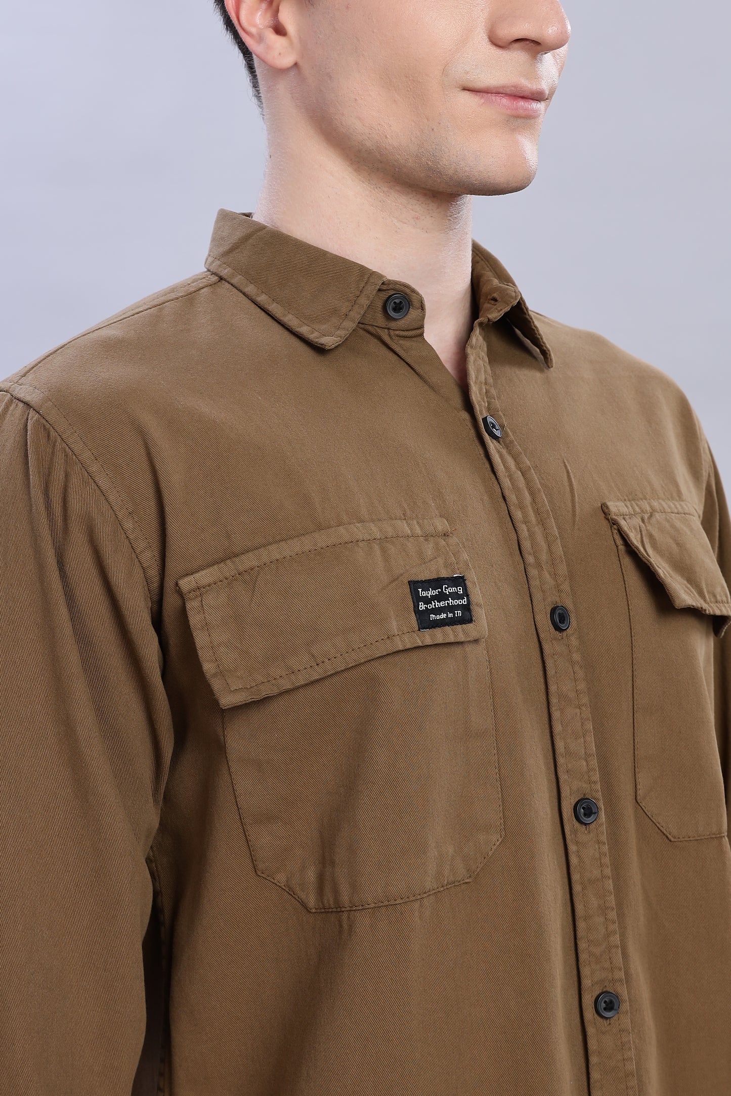 Brown Cotton Shirt | Dual Pocket | Regular Fit