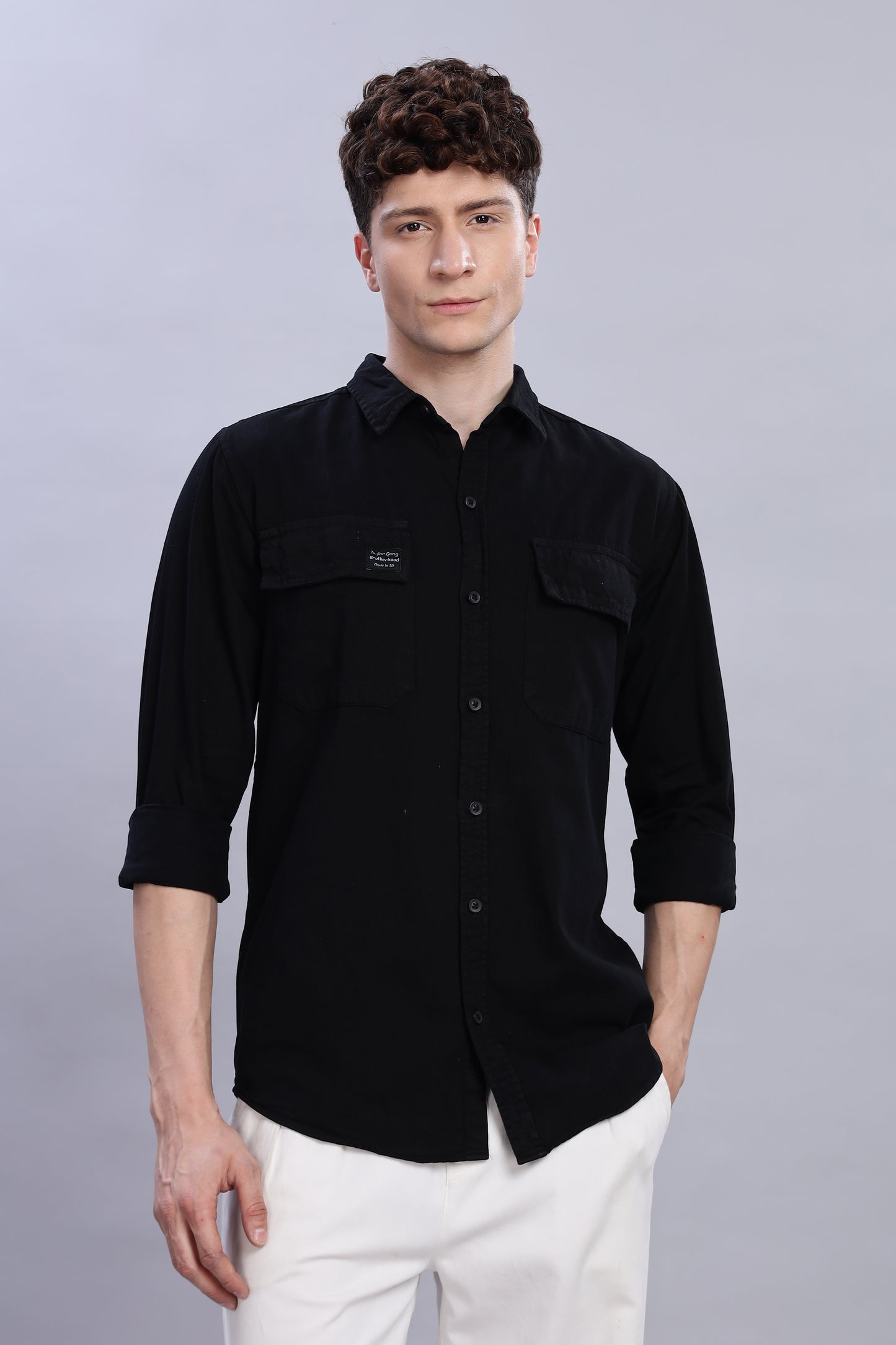 Solid Black Cotton Shirt | Dual Pocket | Regular Fit