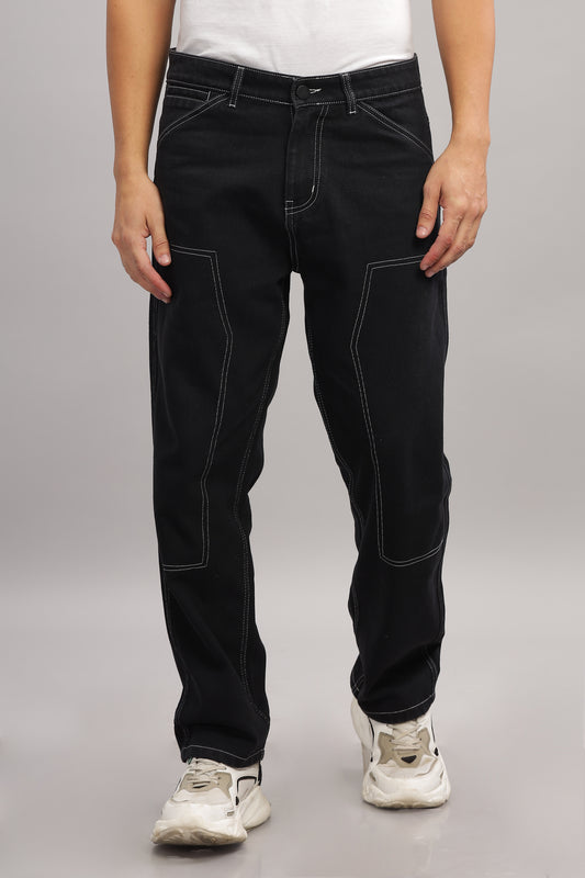 Black Contrast Stitch Baggy Panelled Jeans