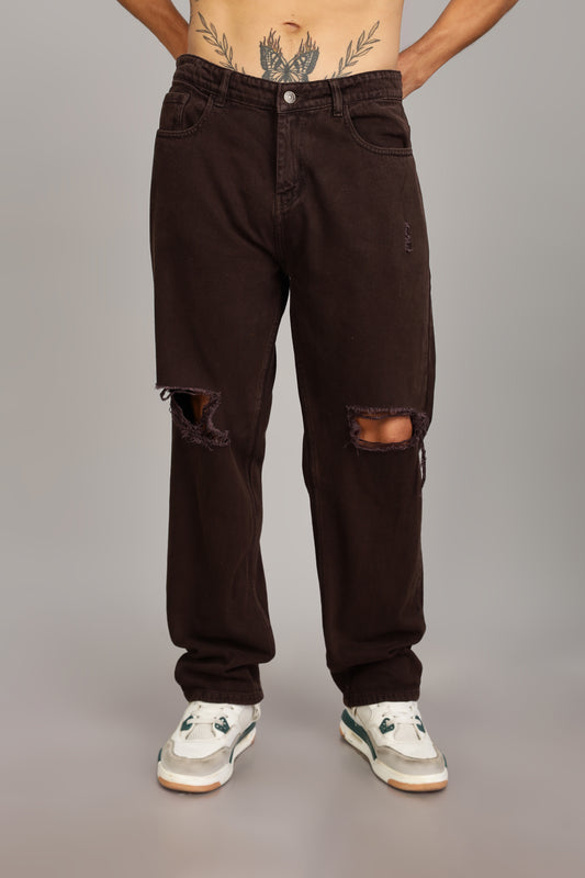 Coffee Brown Ripped Jeans | Baggy Fit