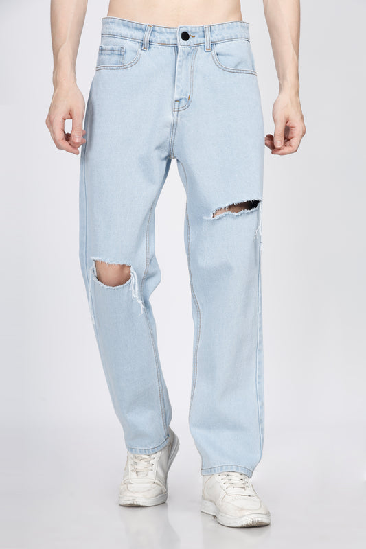Knee- Slit Baggy Jeans- Light Blue