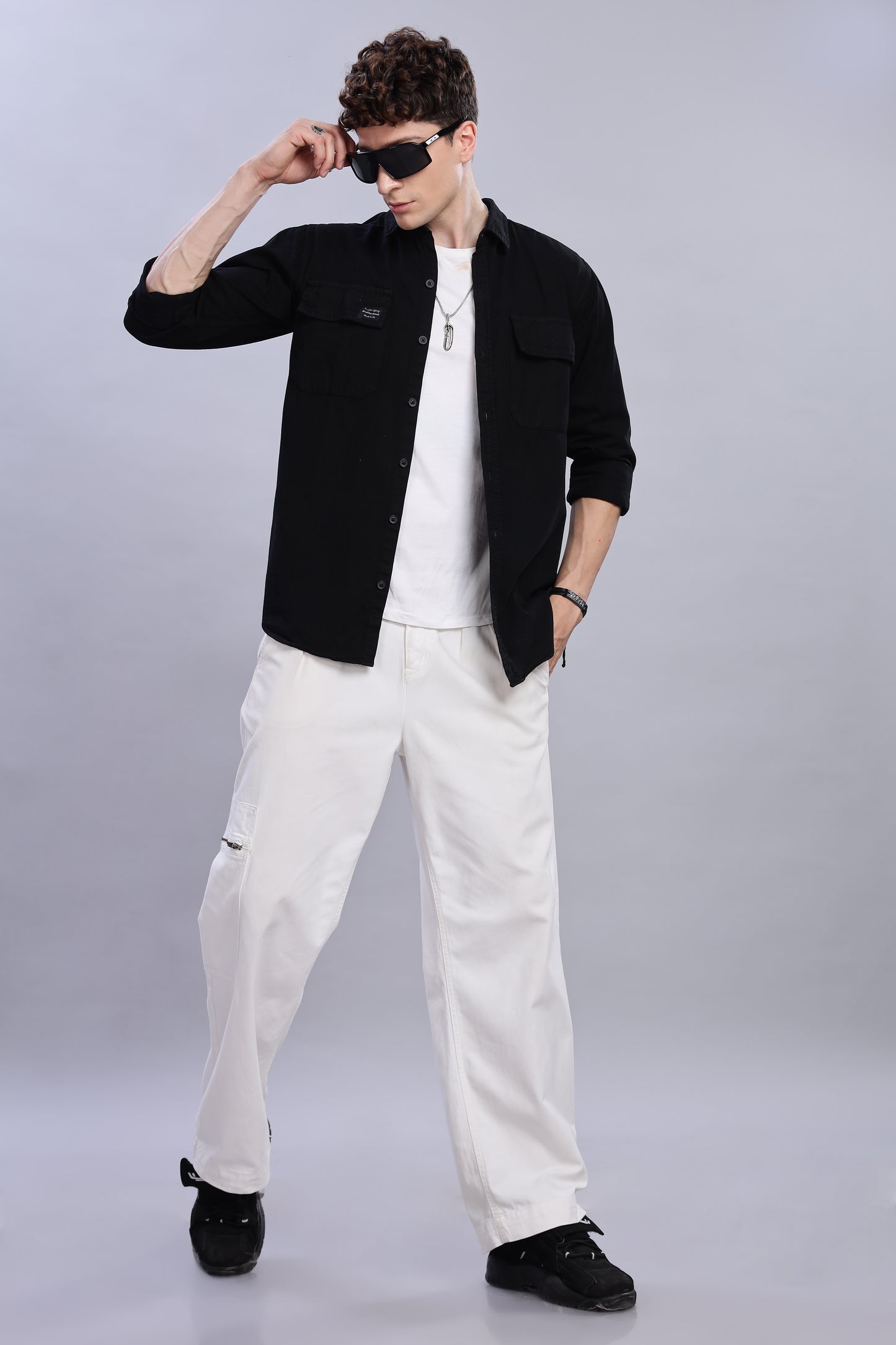 Solid Black Cotton Shirt | Dual Pocket | Regular Fit