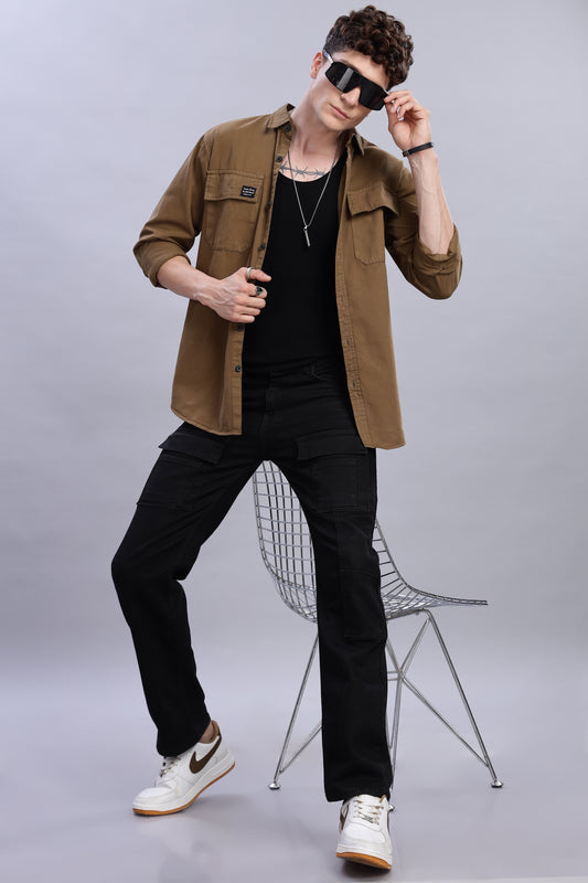 Brown Cotton Shirt | Dual Pocket | Regular Fit