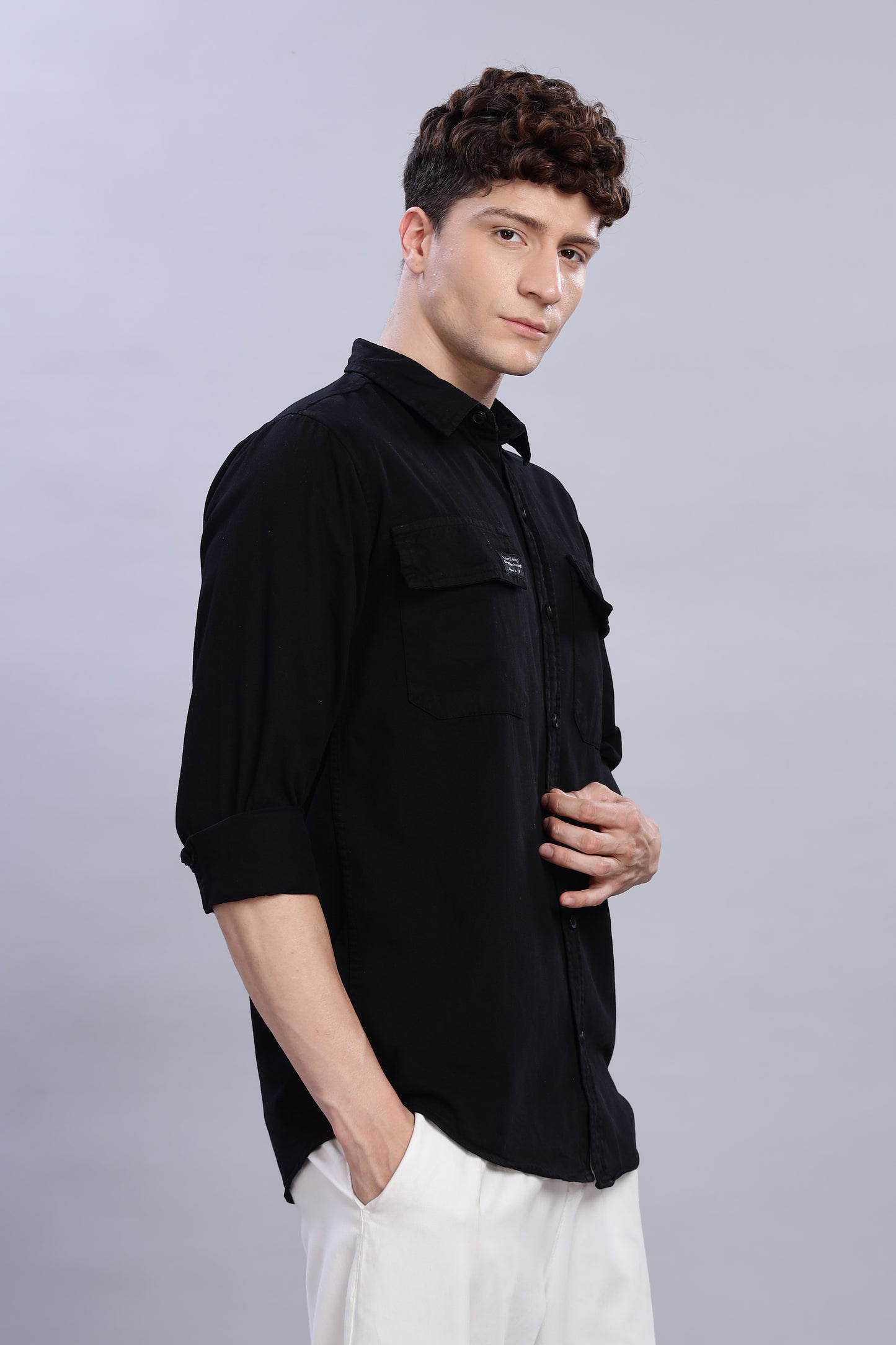 Solid Black Cotton Shirt | Dual Pocket | Regular Fit