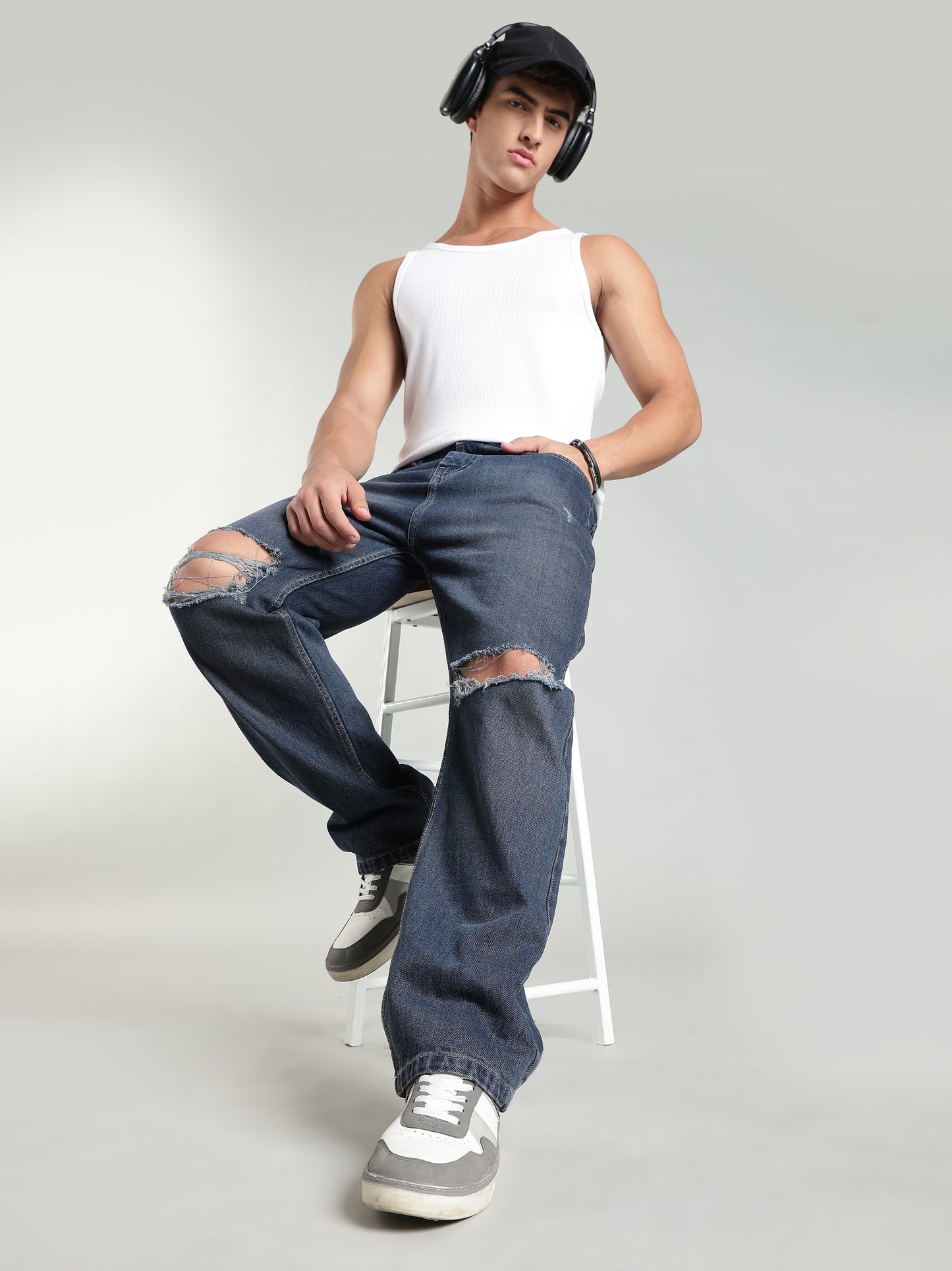 Dark Vintage Blue Ripped Jeans | Baggy Fit