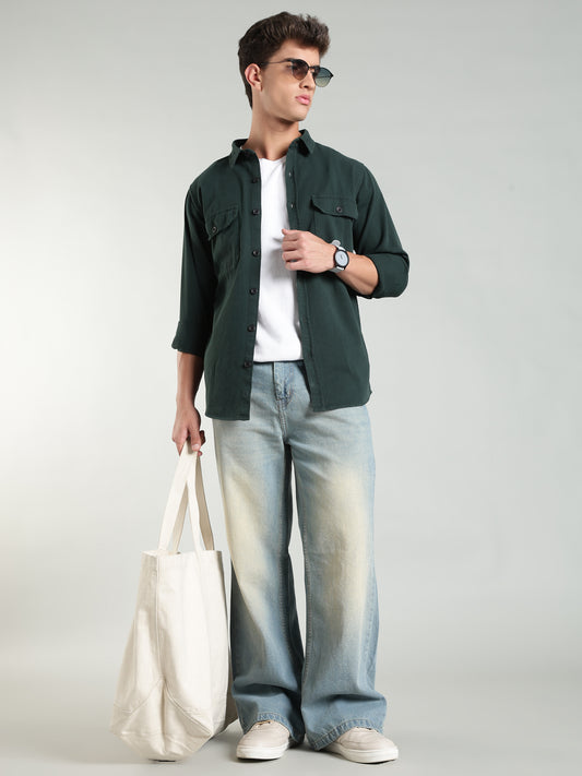 Deep Green Cotton Shirt | Regular Fit