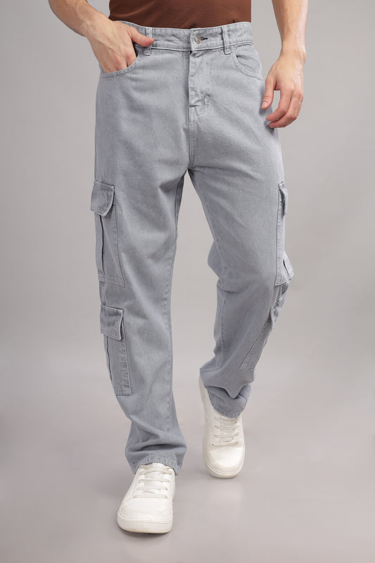 8 Pocket Cargo Denim | Baggy Fit Jeans | Light Grey