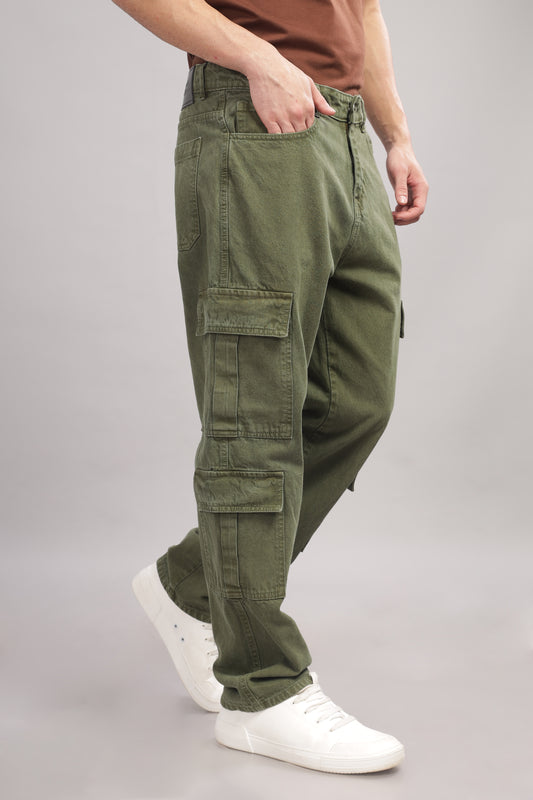 8 Pocket Cargo Denim | Baggy Fit Jeans | Olive Green