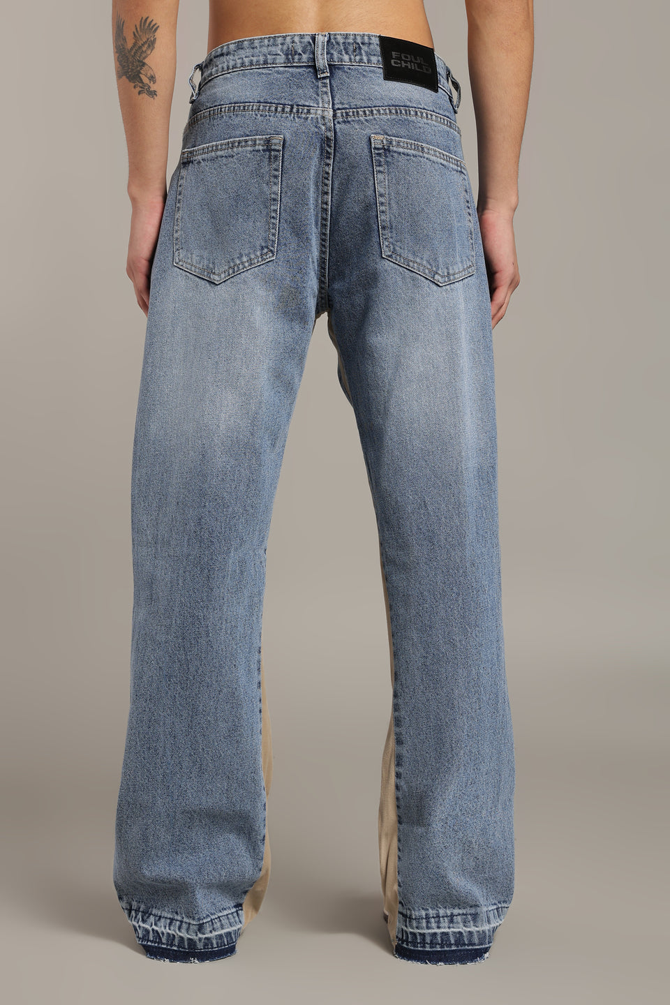 Contrast Panel Flared Jeans- Beige
